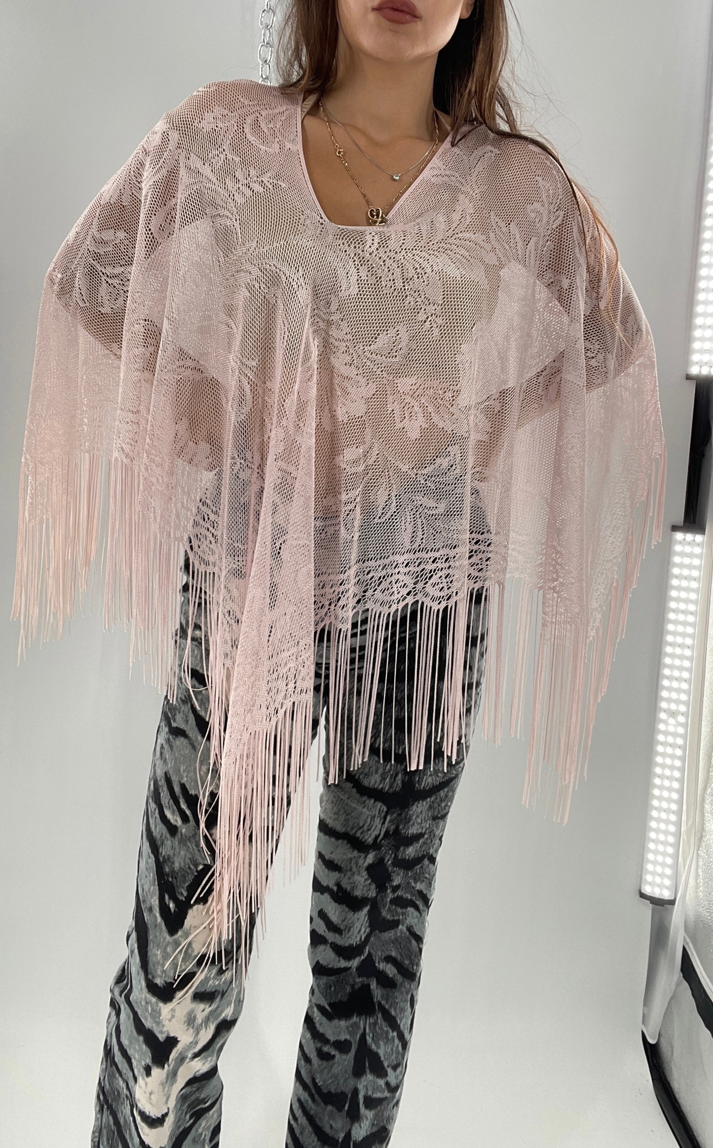 Vintage Pink Fringe Poncho (One Size)