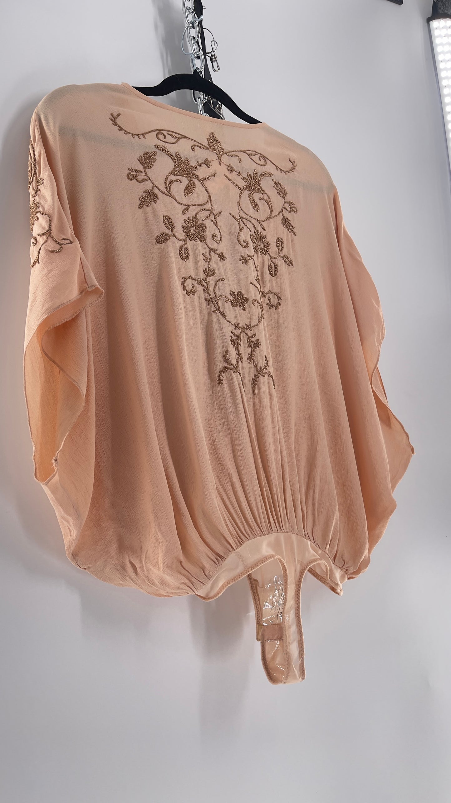 Free People Blush Short Sleeve Bodysuit with Gold Embroidered Blossoms (Small)