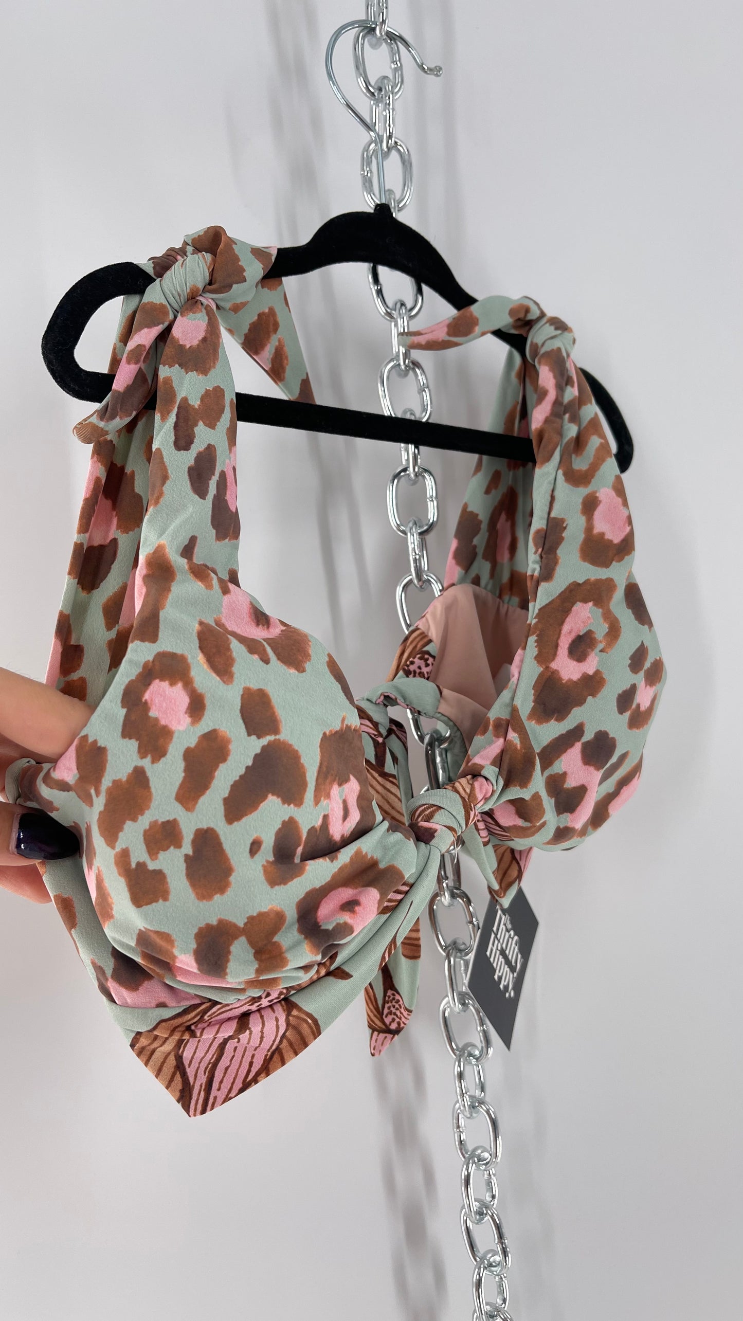 PatBo Light Blue Cheetah Brazilian Swim Top with Tie Bust and Shoulders (XS)