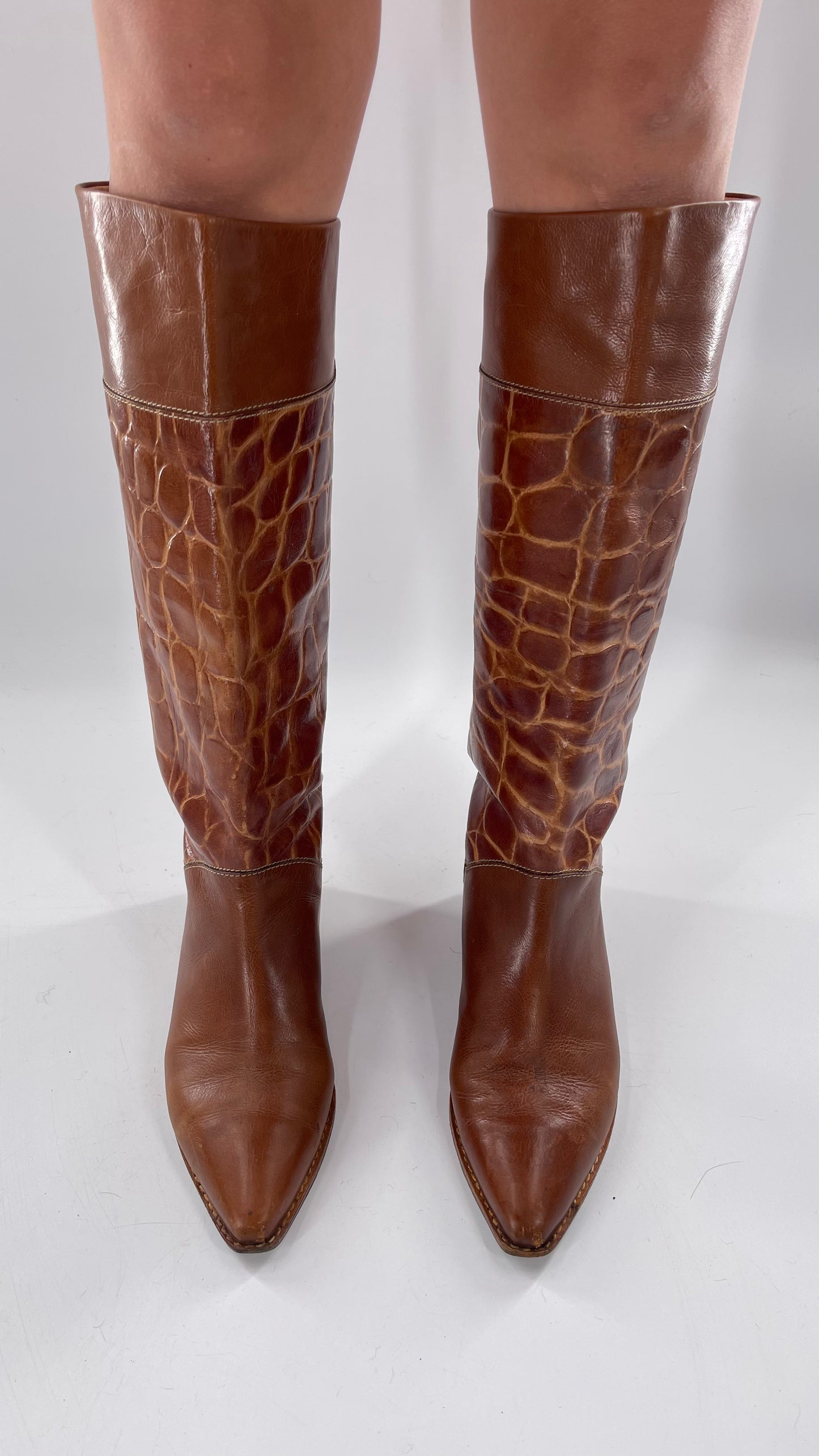 Joan & David Brown Leather Cowboy Snake Print Boots