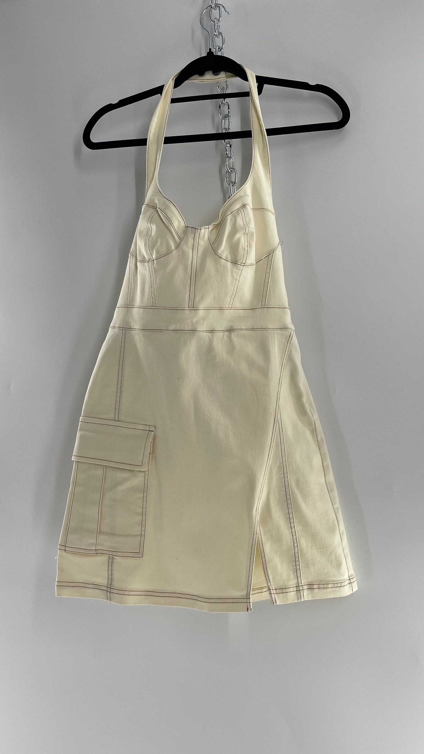 Urban Outfitters Beige Denim Halter Mini Dress (Medium)