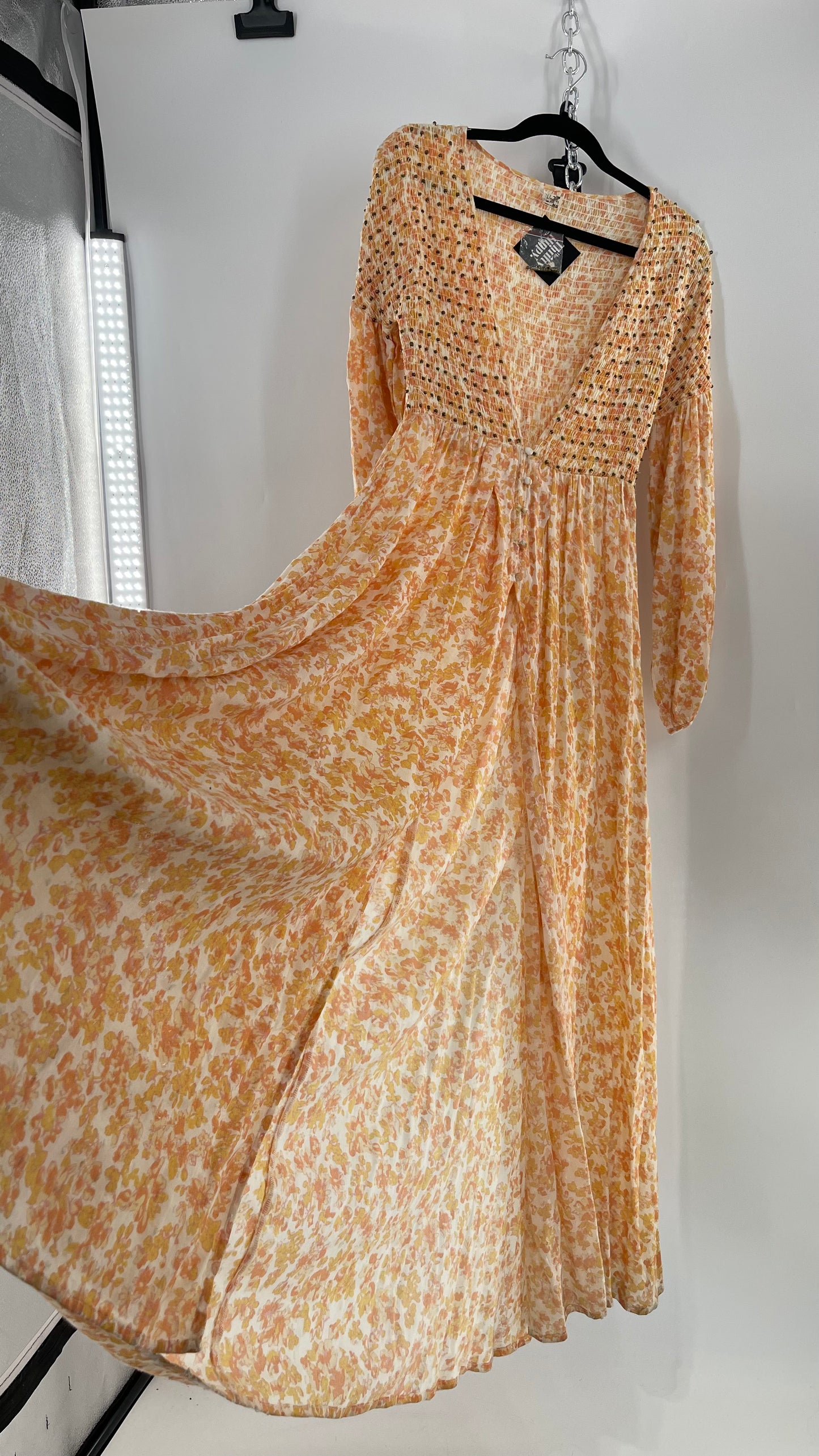 Intimately Free People Orange Floral Smocked Maxi Dress (XS)