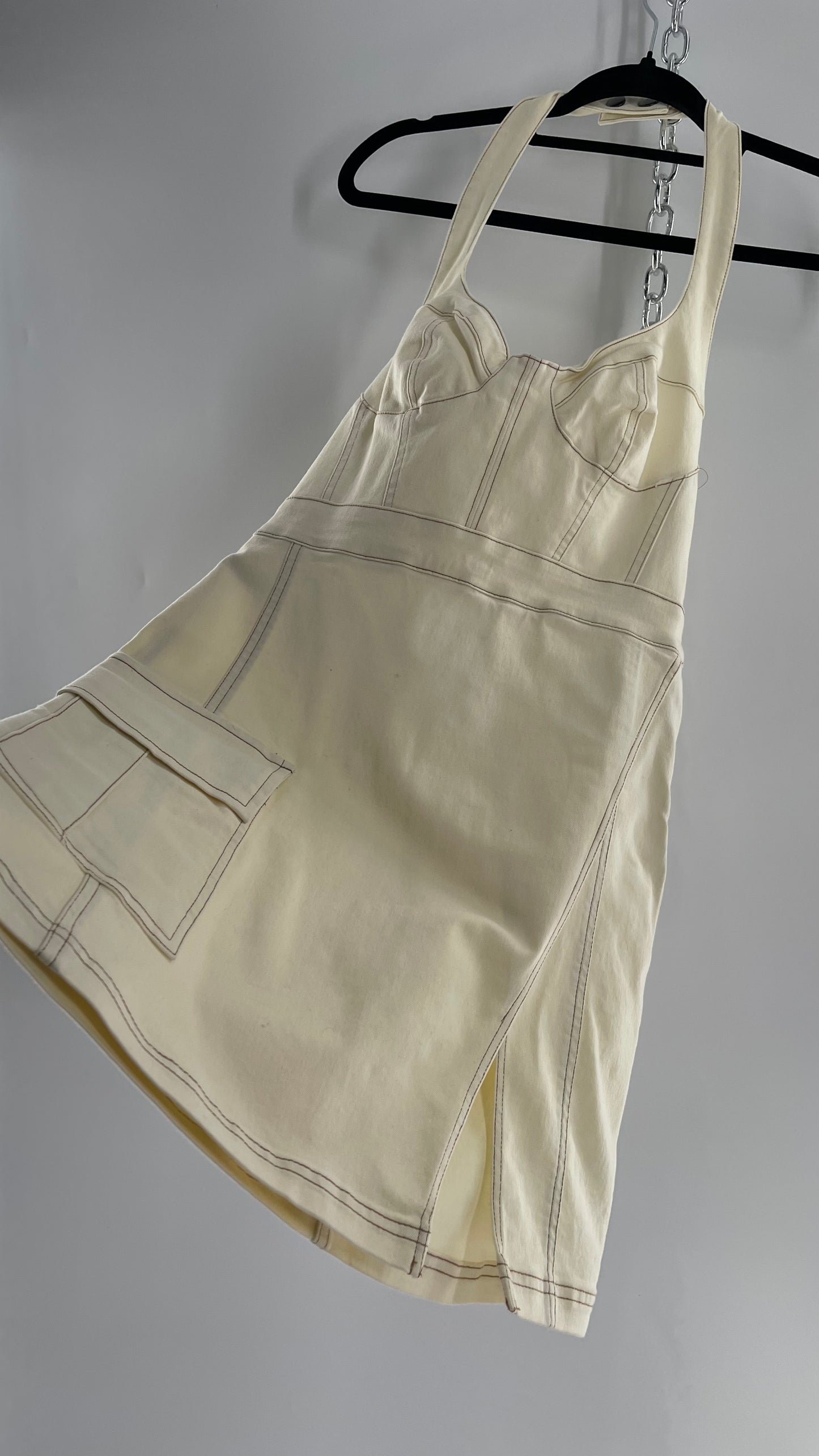 Urban Outfitters Beige Denim Halter Mini Dress (Medium)