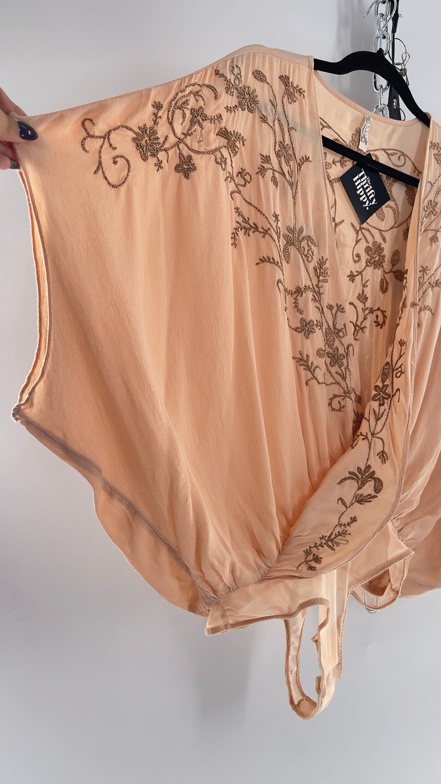 Free People Blush Short Sleeve Bodysuit with Gold Embroidered Blossoms (Small)