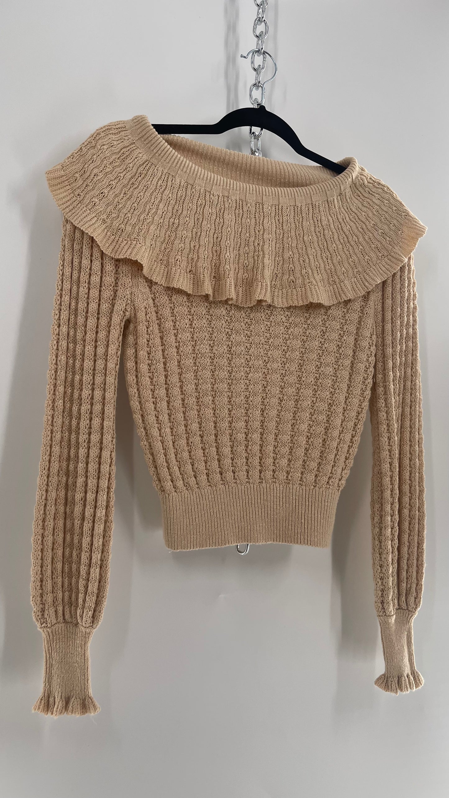 Free People Baby Yellow Knit Ruffled Off the Shoulder Sweater (Small)