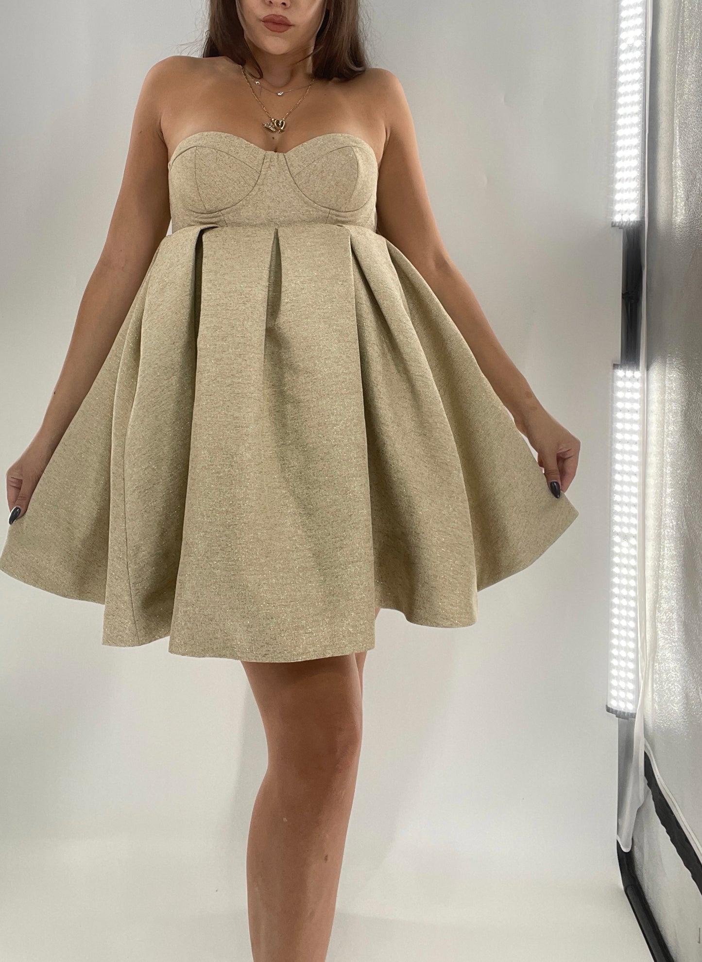 House of CB Gold Glitter Poof Mini Dress with Built in Corset (Small)