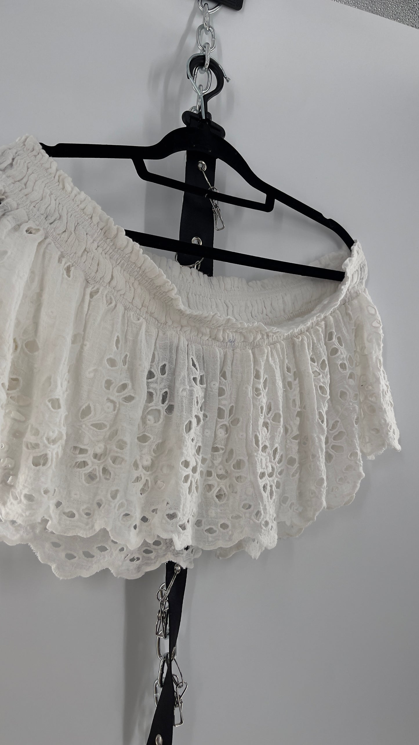 Free People Eyelet Cotton White Off the Shoulder Ruffle Bandeau (Medium)