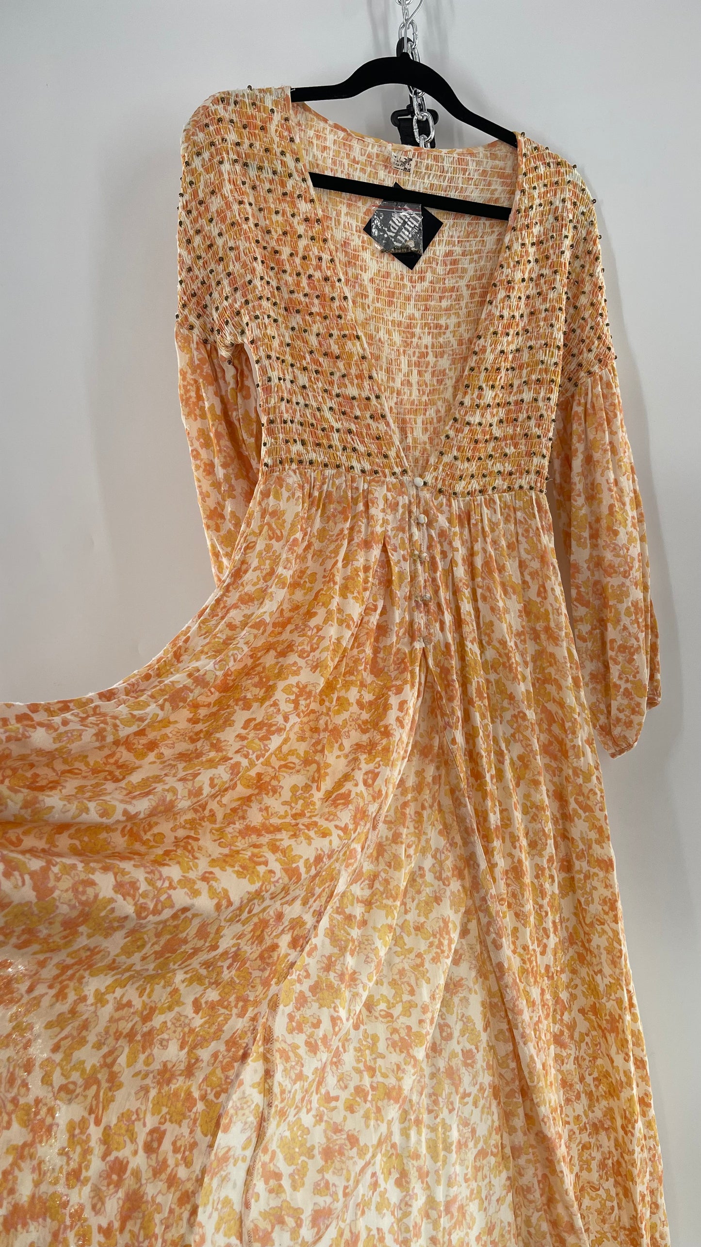 Intimately Free People Orange Floral Smocked Maxi Dress (XS)