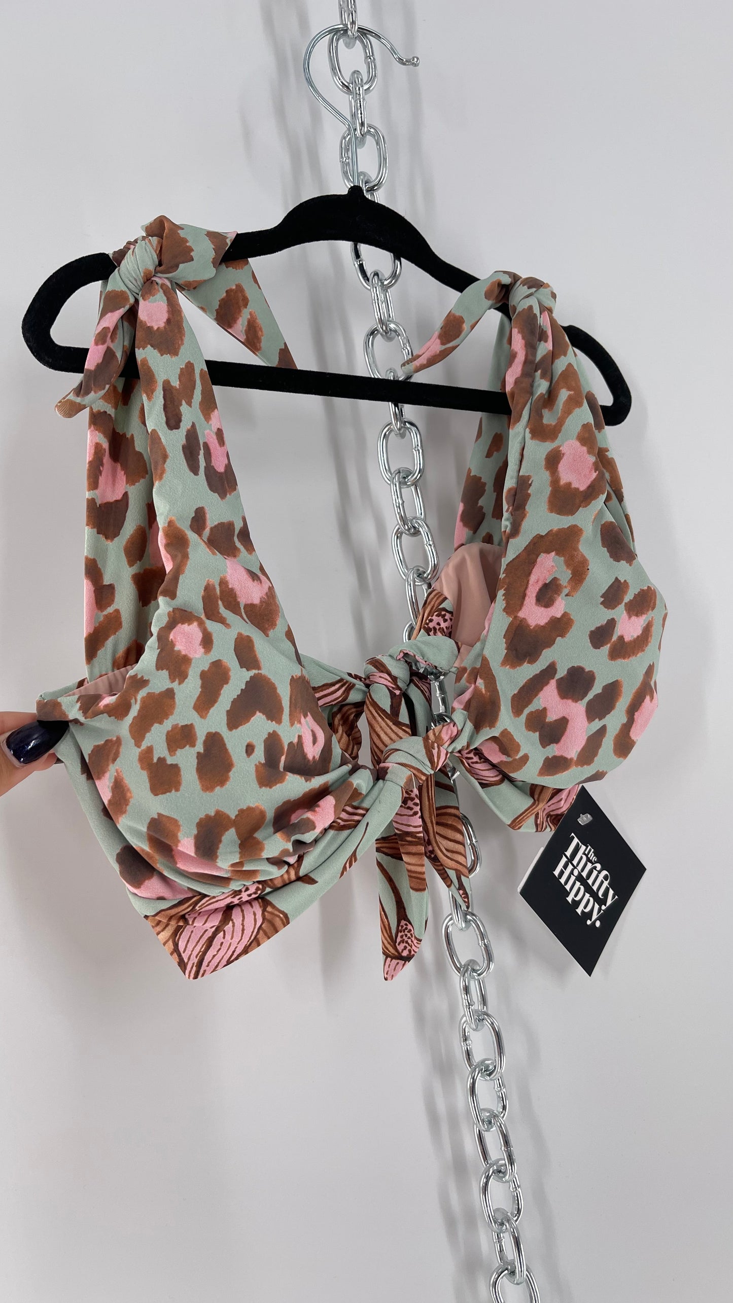 PatBo Light Blue Cheetah Brazilian Swim Top with Tie Bust and Shoulders (XS)