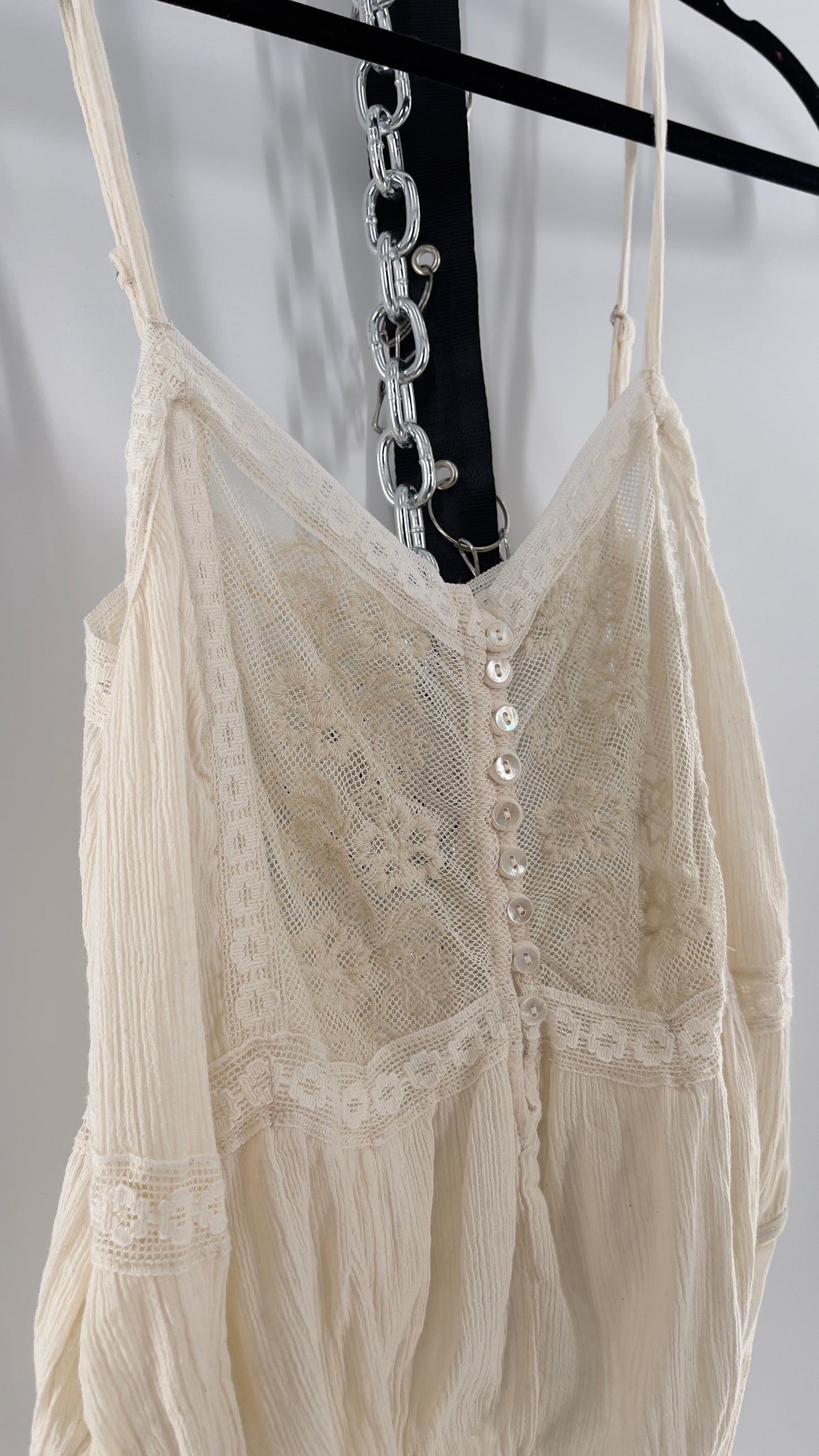 Free People Off White Cotton Bodysuit with Lace Buttoned Bust (Small)