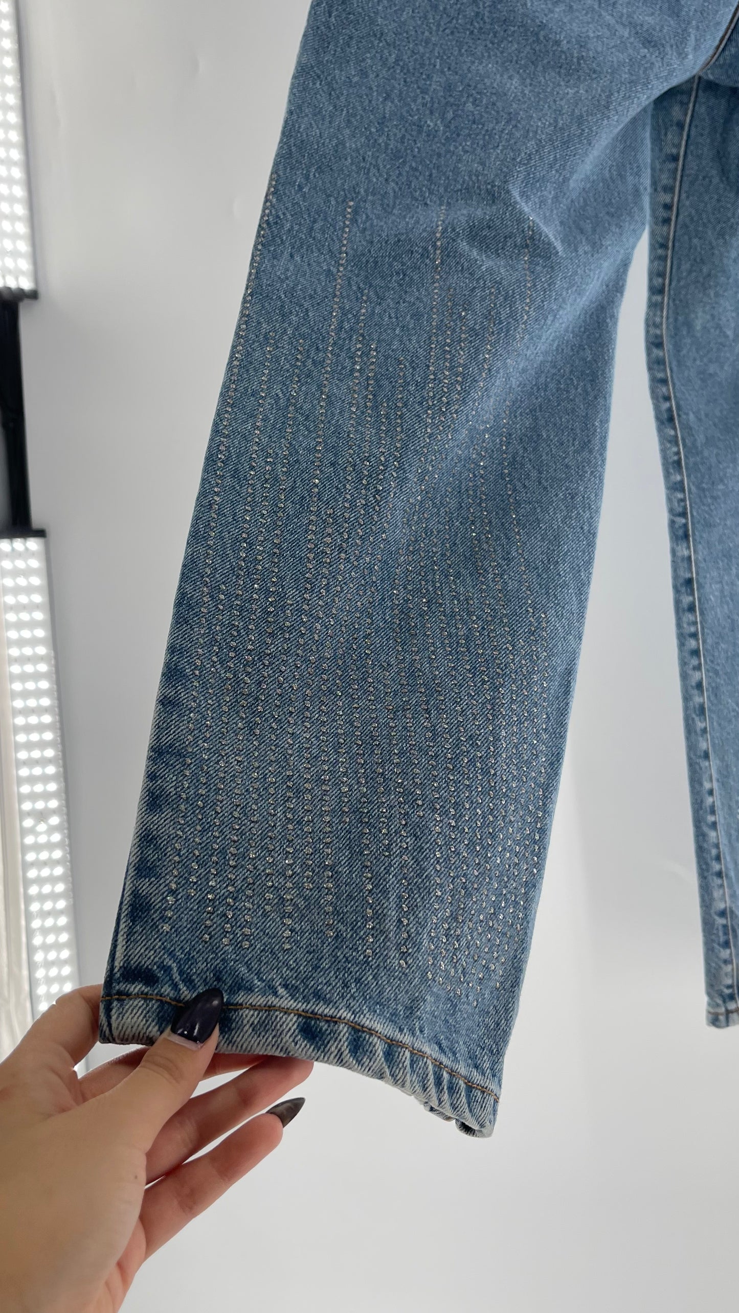 Vintage Calvin Klein Stone Washed Jeans with Silver Glitter Hem (29/30)