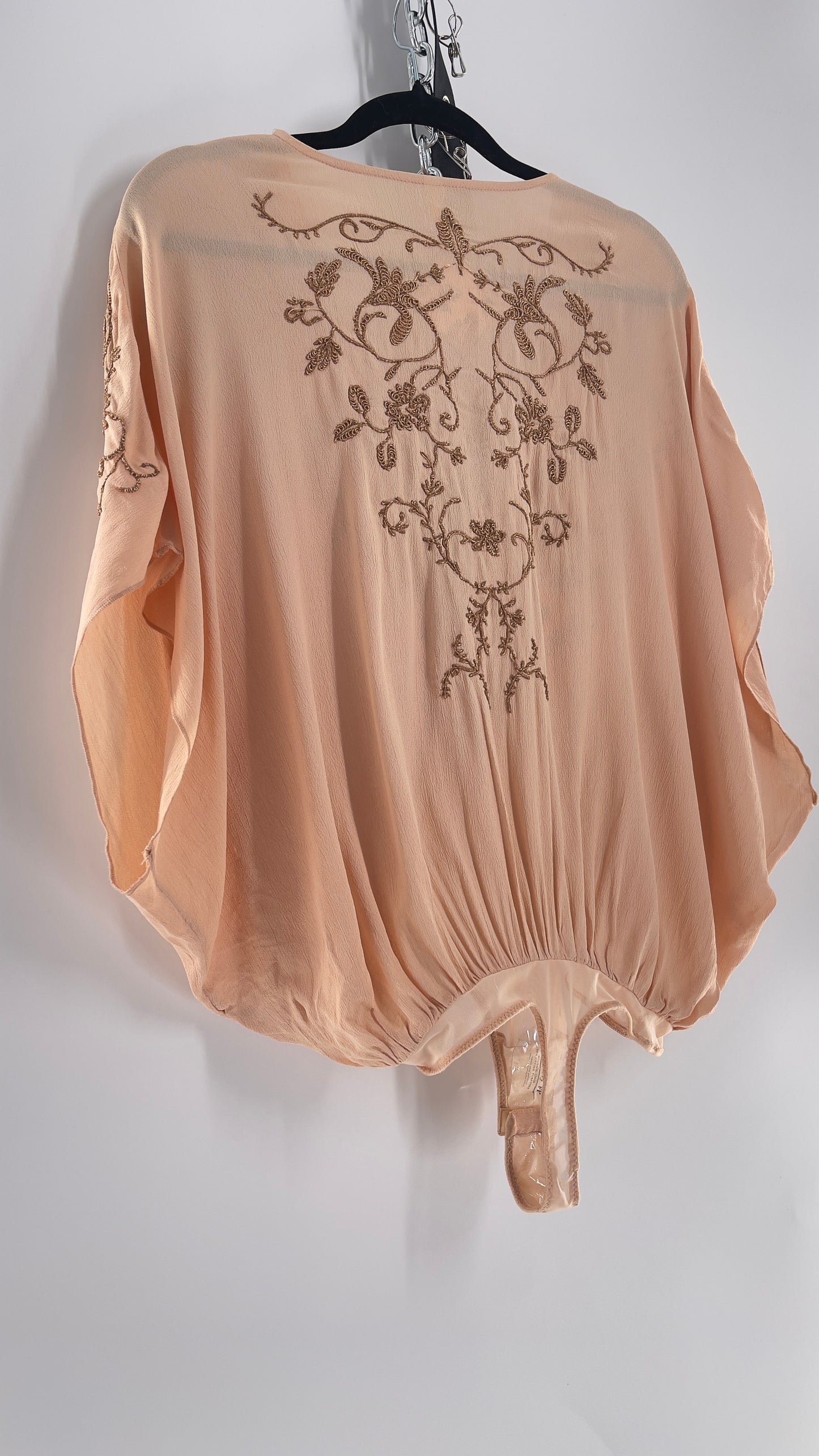 Free People Blush Short Sleeve Bodysuit with Gold Embroidered Blossoms (Small)
