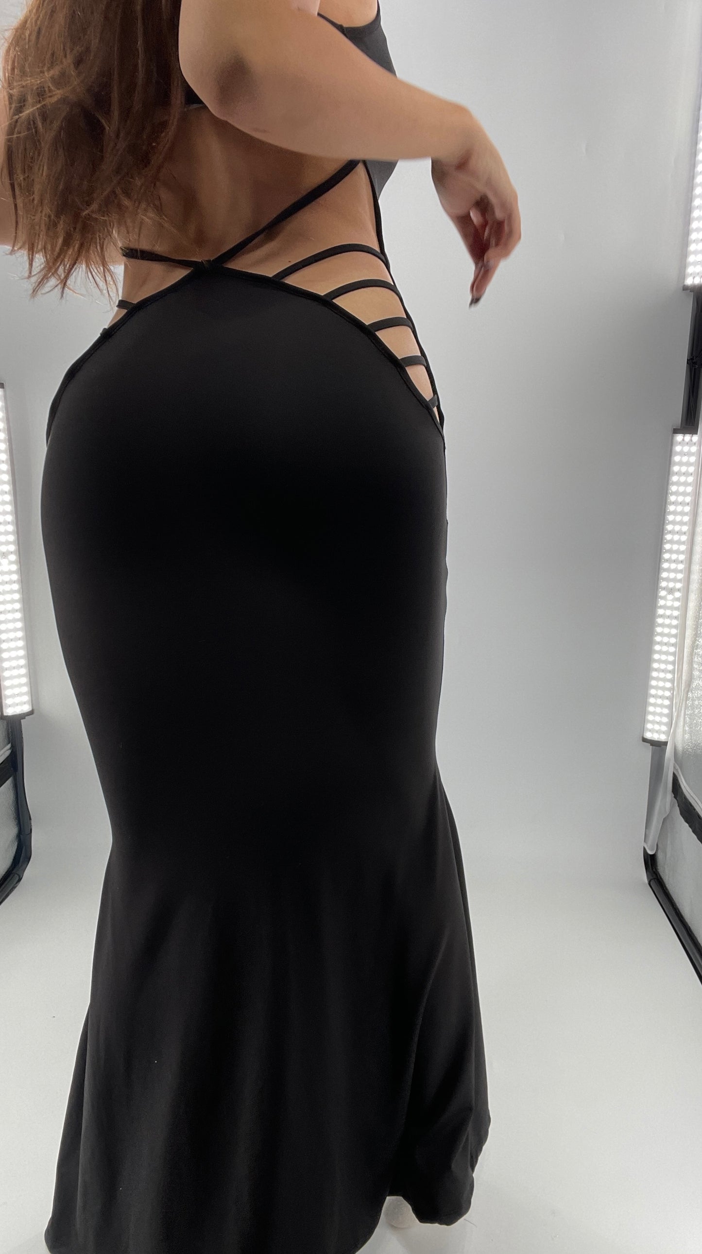 Vintage Black Slinky Maxi Dress with Open Back Strappy Side Detail (S)