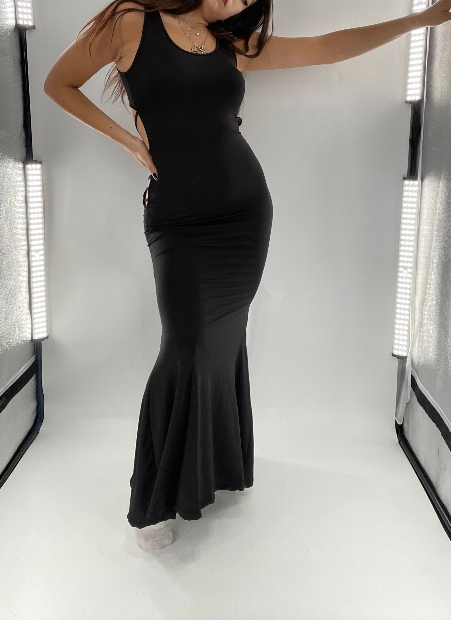 Vintage Black Slinky Maxi Dress with Open Back Strappy Side Detail (S)