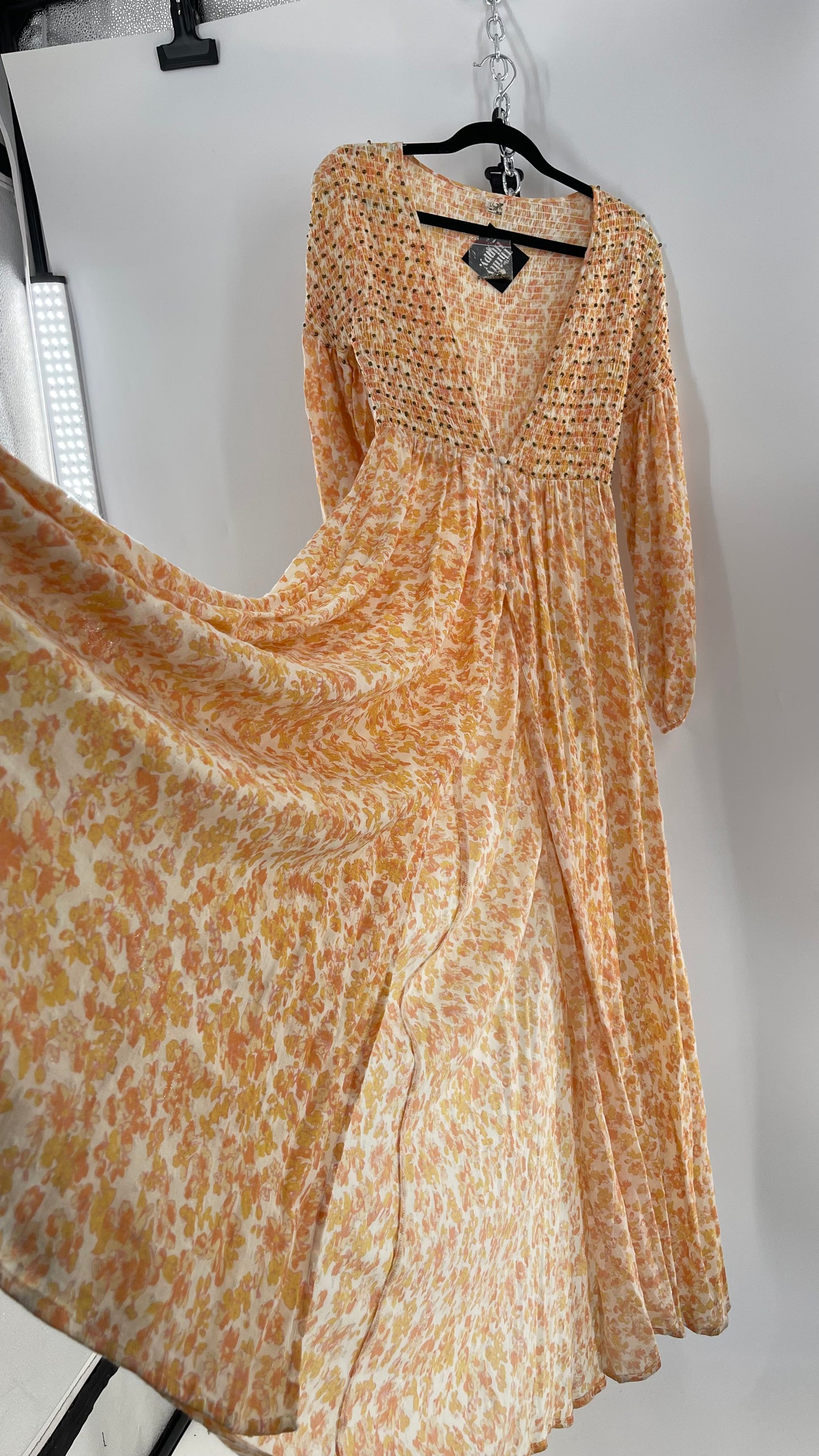 Intimately Free People Orange Floral Smocked Maxi Dress (XS)