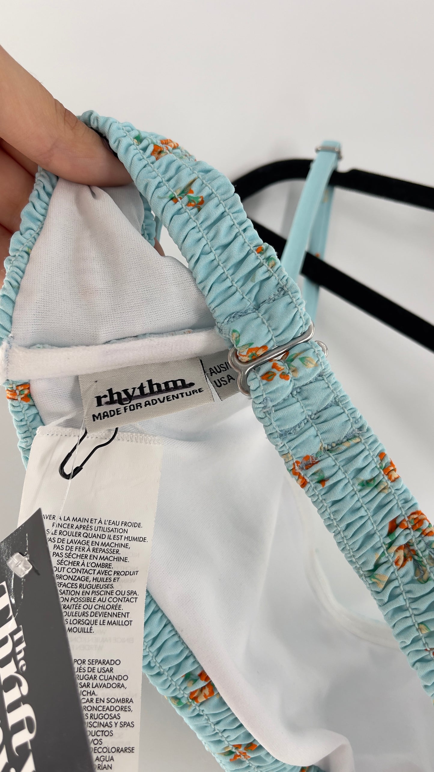 RHYTHM. Baby Blue Smocked Swim/Bikini Top (Medium)