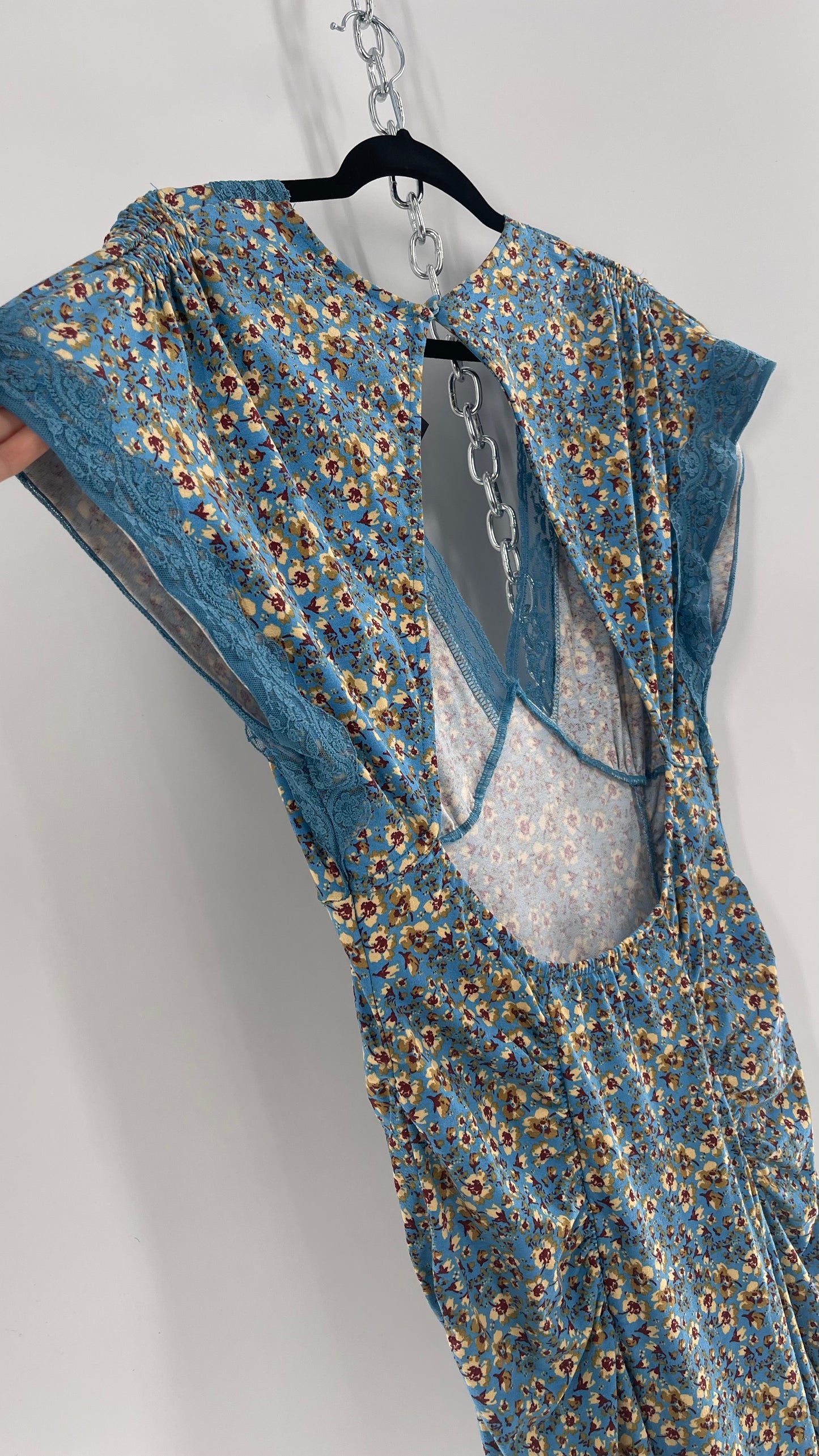 Free People Sweet Talker Blue Floral Ruched Mini Dress (Large)
