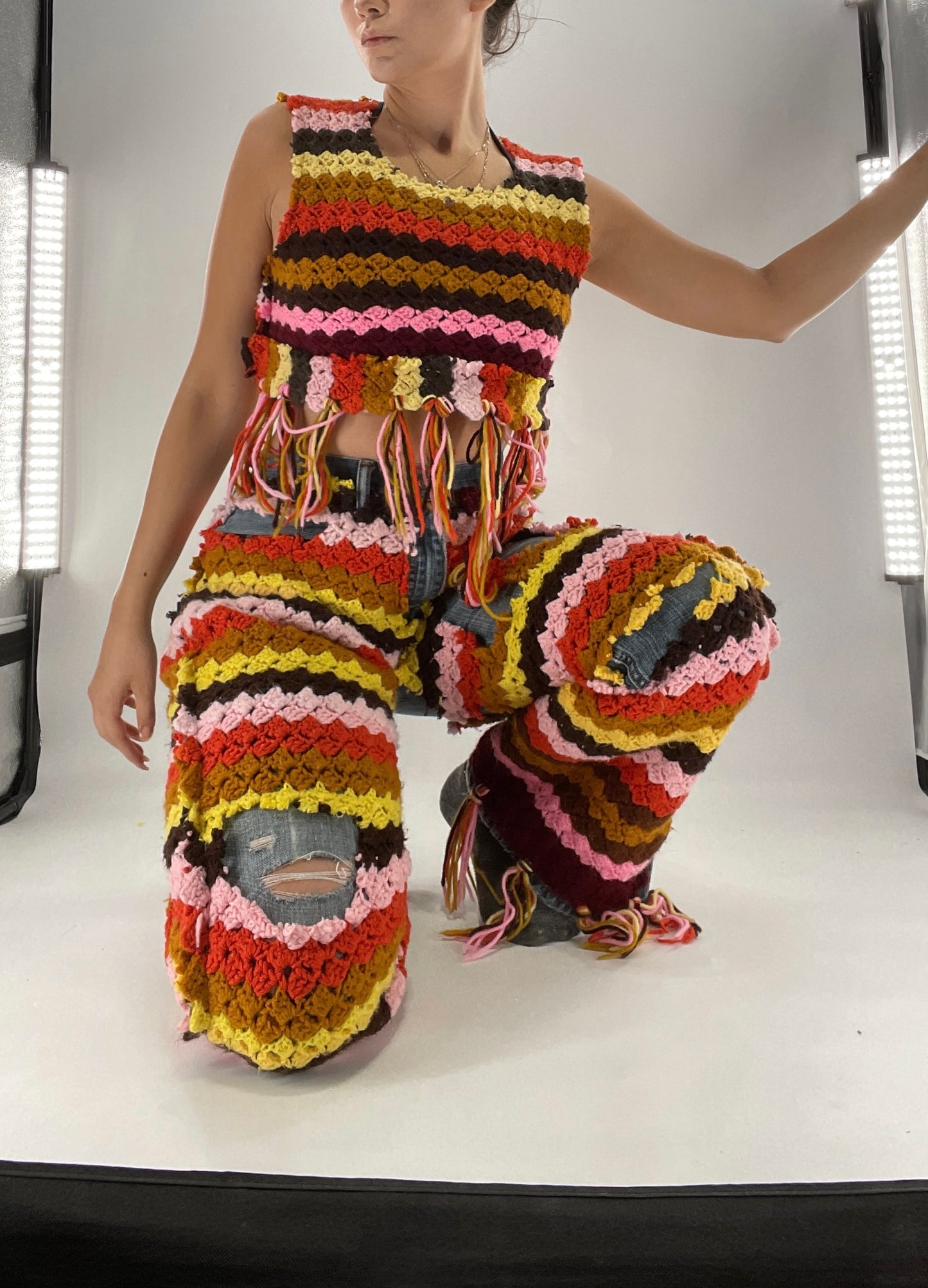 Custom Handmade RAGGEDY ANN Crochet Fringe Lined Crop (S/M)
