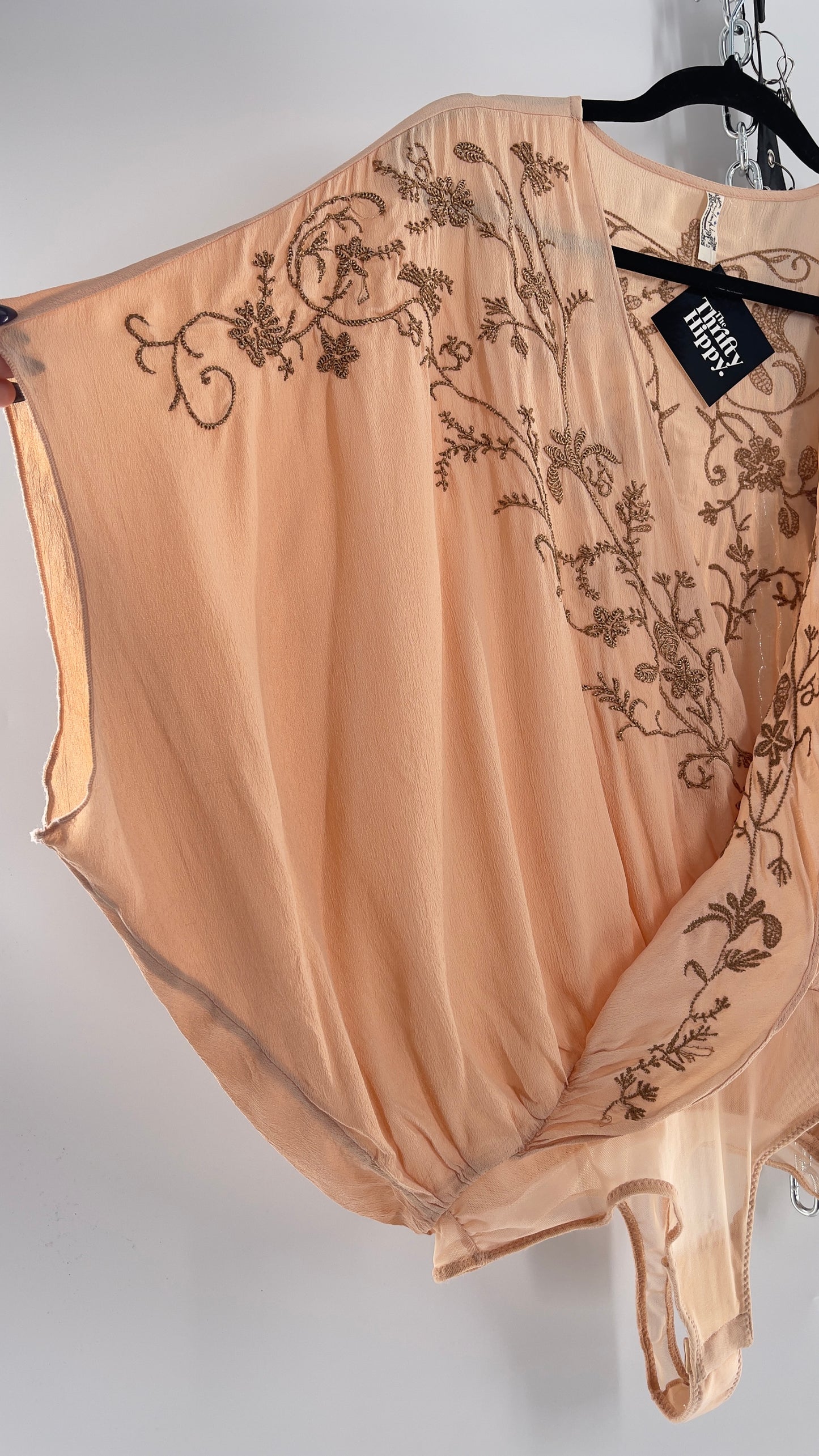 Free People Blush Short Sleeve Bodysuit with Gold Embroidered Blossoms (Small)
