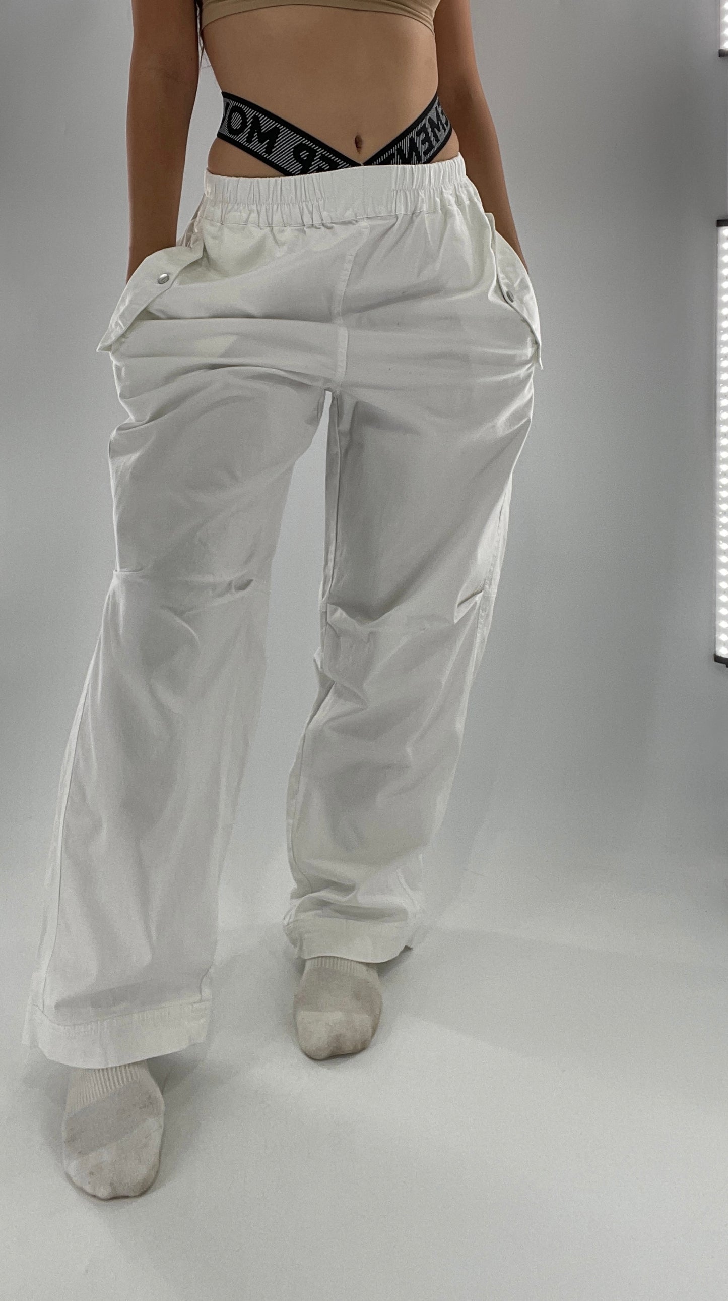 Free People Movement White Carpenter Pant with Branded Double Waistband (Small)