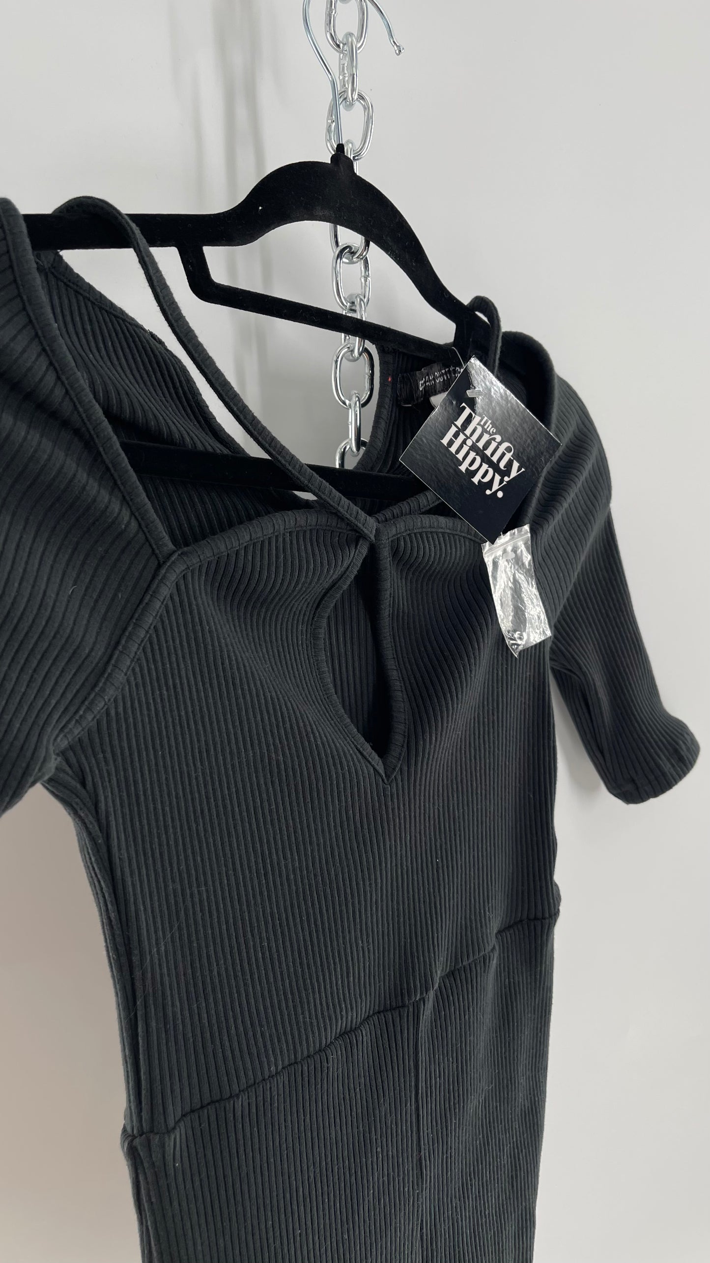 Urban Outfitters Black Ribbed Jumpsuit with Detailed Neckline (Small)