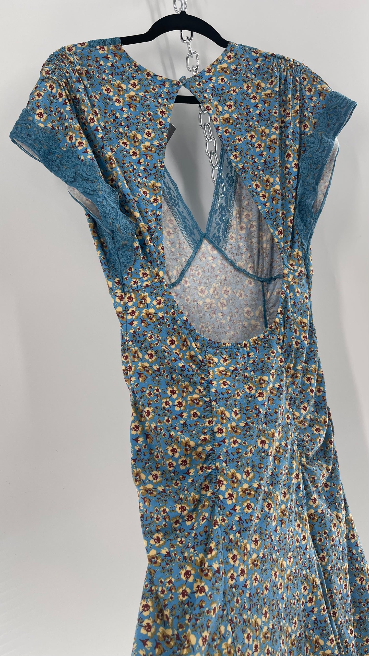 Free People Sweet Talker Blue Floral Ruched Mini Dress (Large)