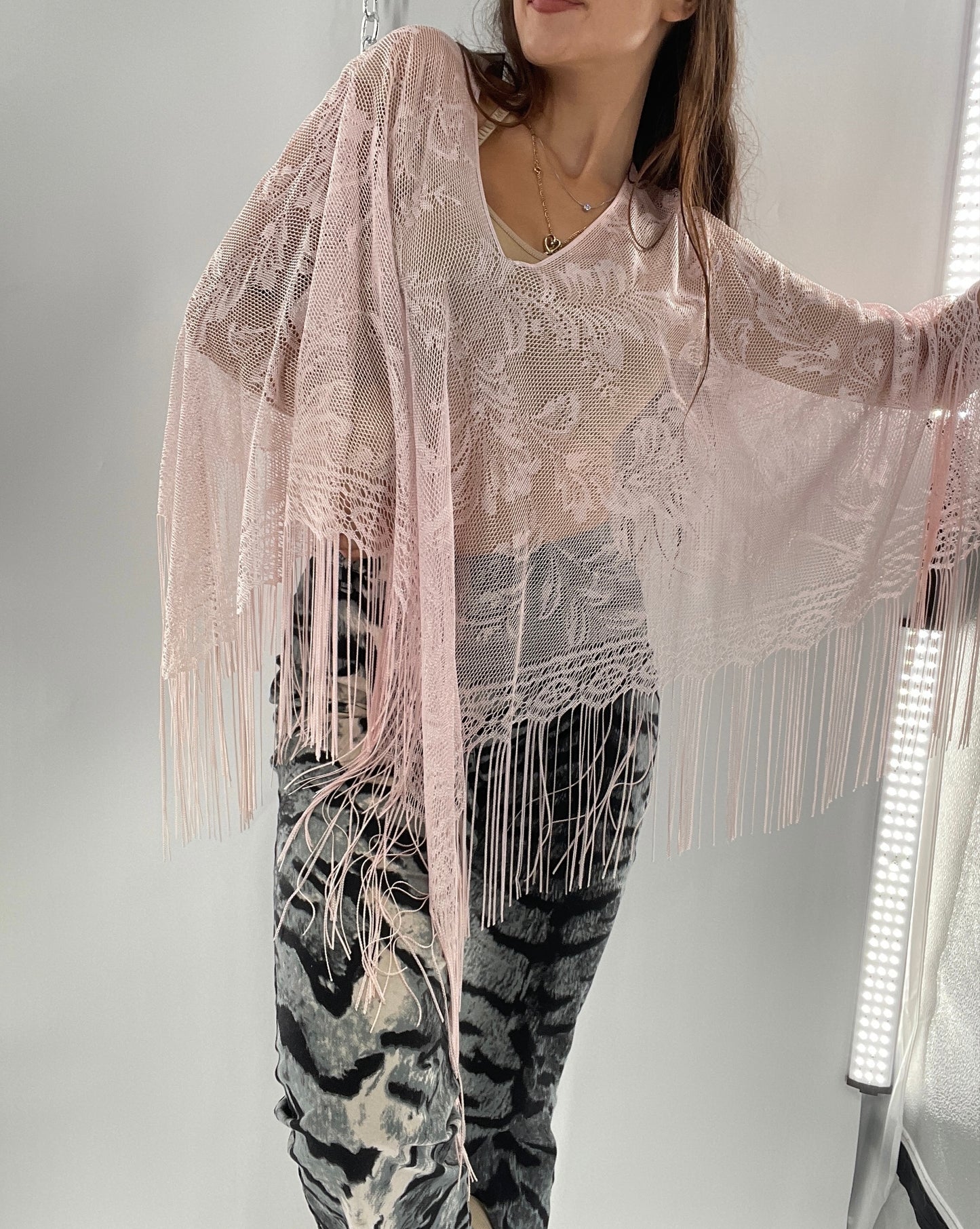 Vintage Pink Fringe Poncho (One Size)