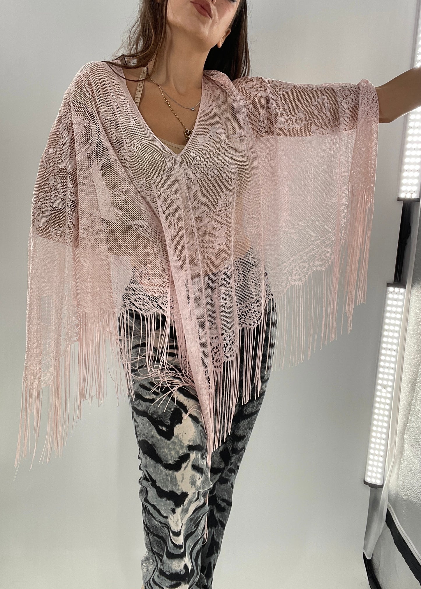 Vintage Pink Fringe Poncho (One Size)