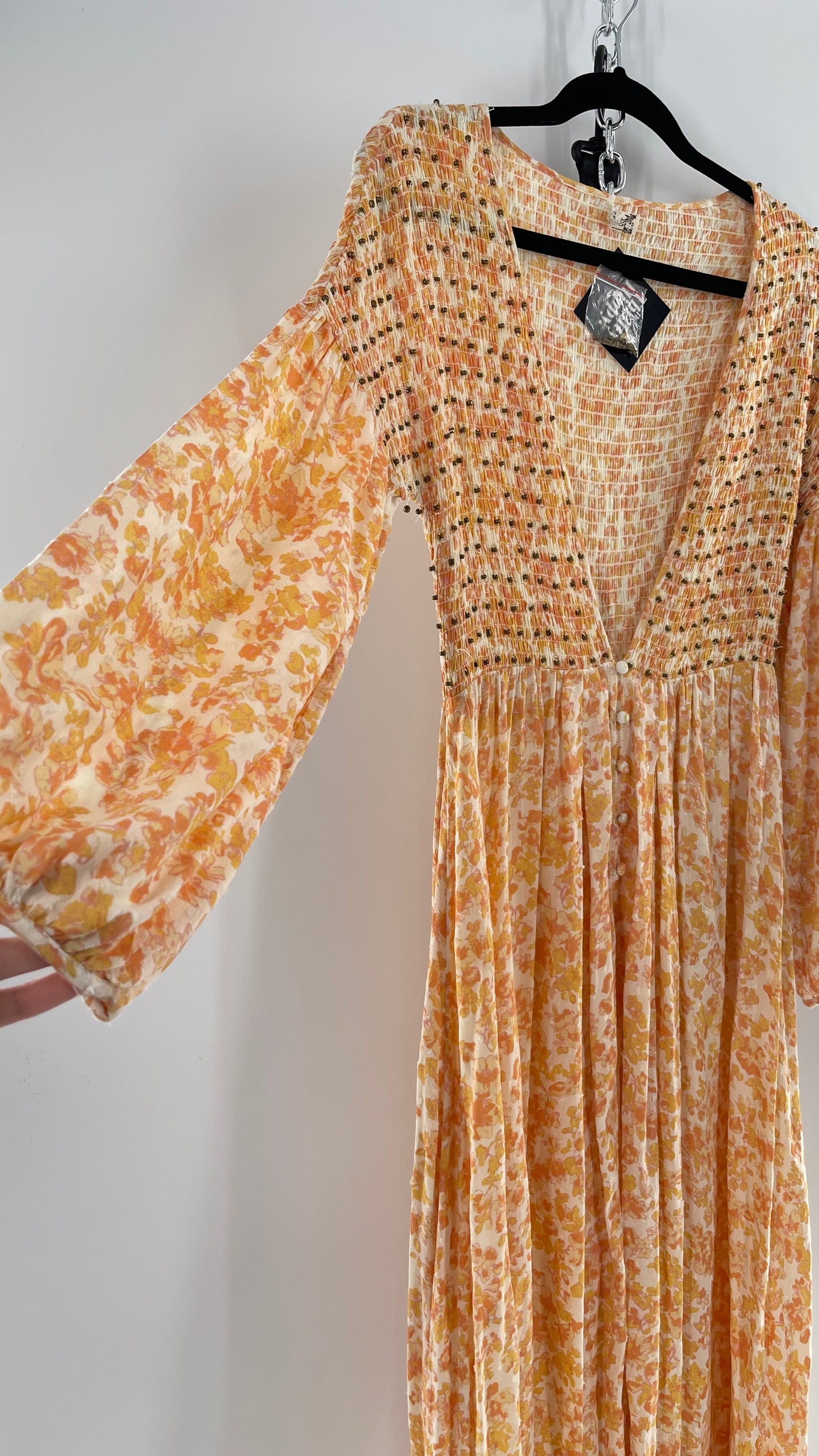 Intimately Free People Orange Floral Smocked Maxi Dress (XS)