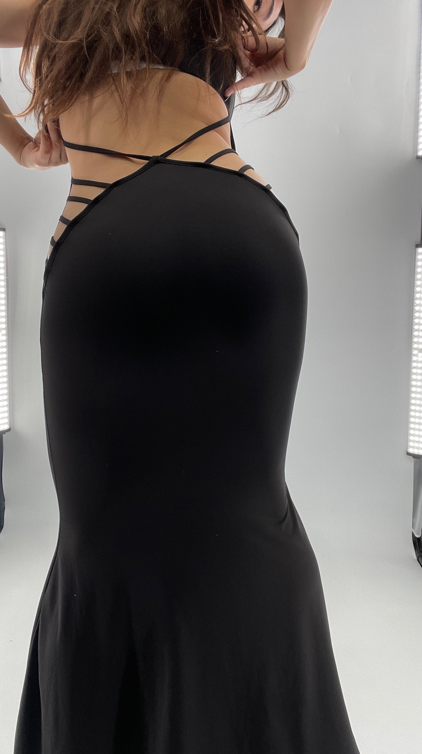 Vintage Black Slinky Maxi Dress with Open Back Strappy Side Detail (S)
