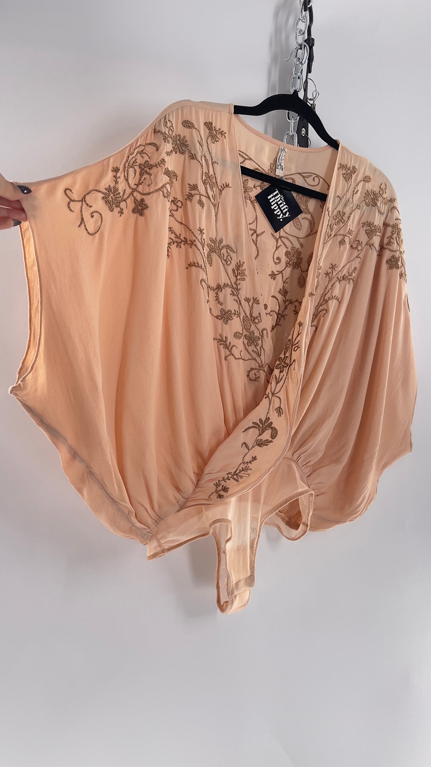 Free People Blush Short Sleeve Bodysuit with Gold Embroidered Blossoms (Small)