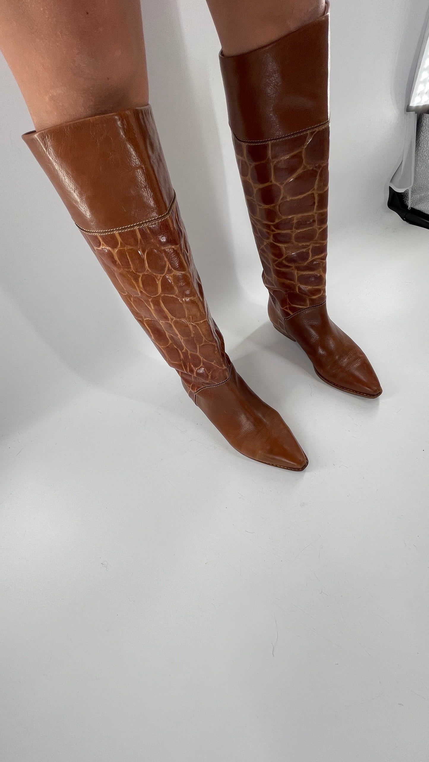 Joan & David Brown Leather Cowboy Snake Print Boots
