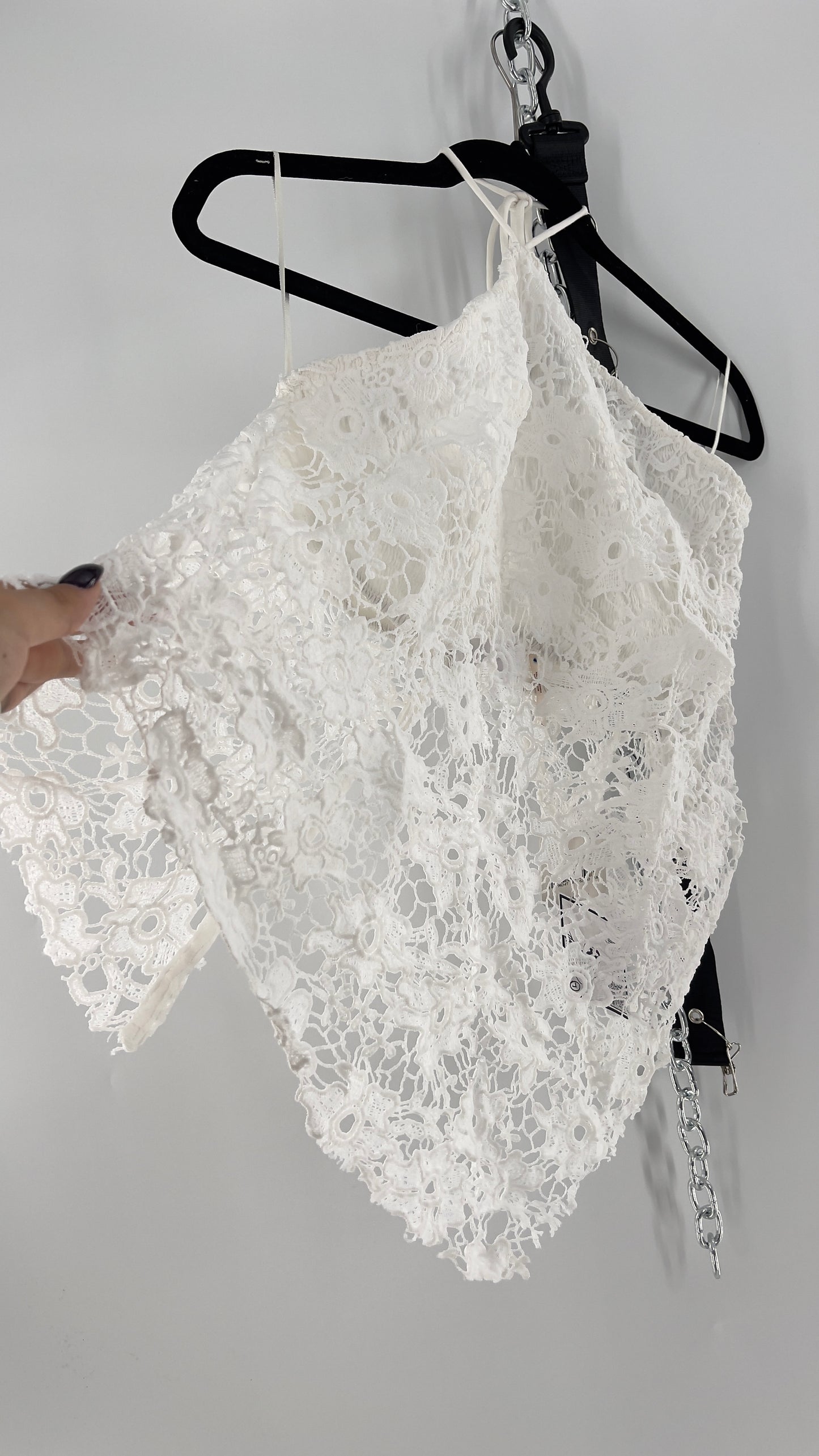 Free People White Smocked Halter with Lace Overlay (Large)