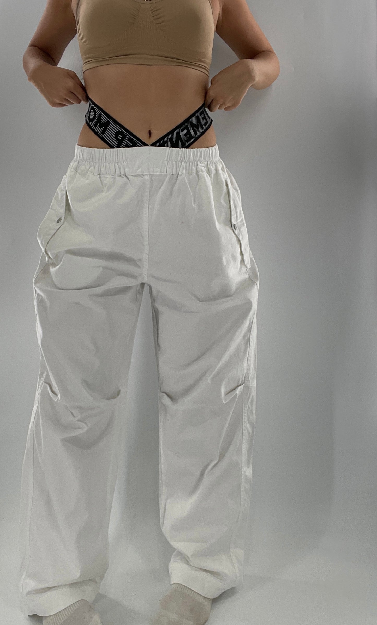 Free People Movement White Carpenter Pant with Branded Double Waistband (Small)