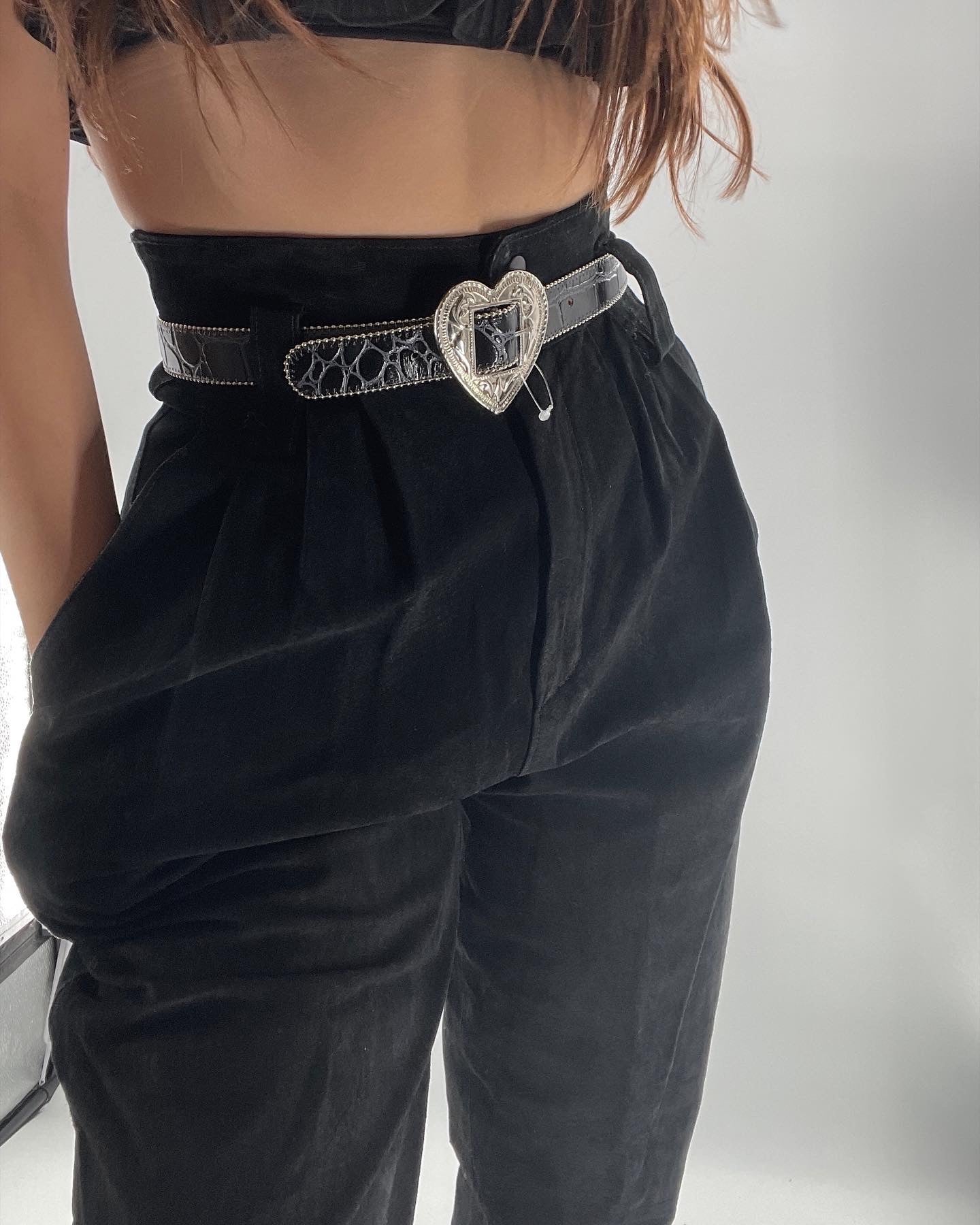 Crocodile Embossed Black Belt with Metal Heart Buckle (S)