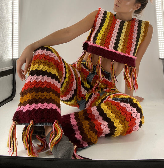 Custom Handmade RAGGEDY ANN Crochet Fringe Lined Crop (S/M)