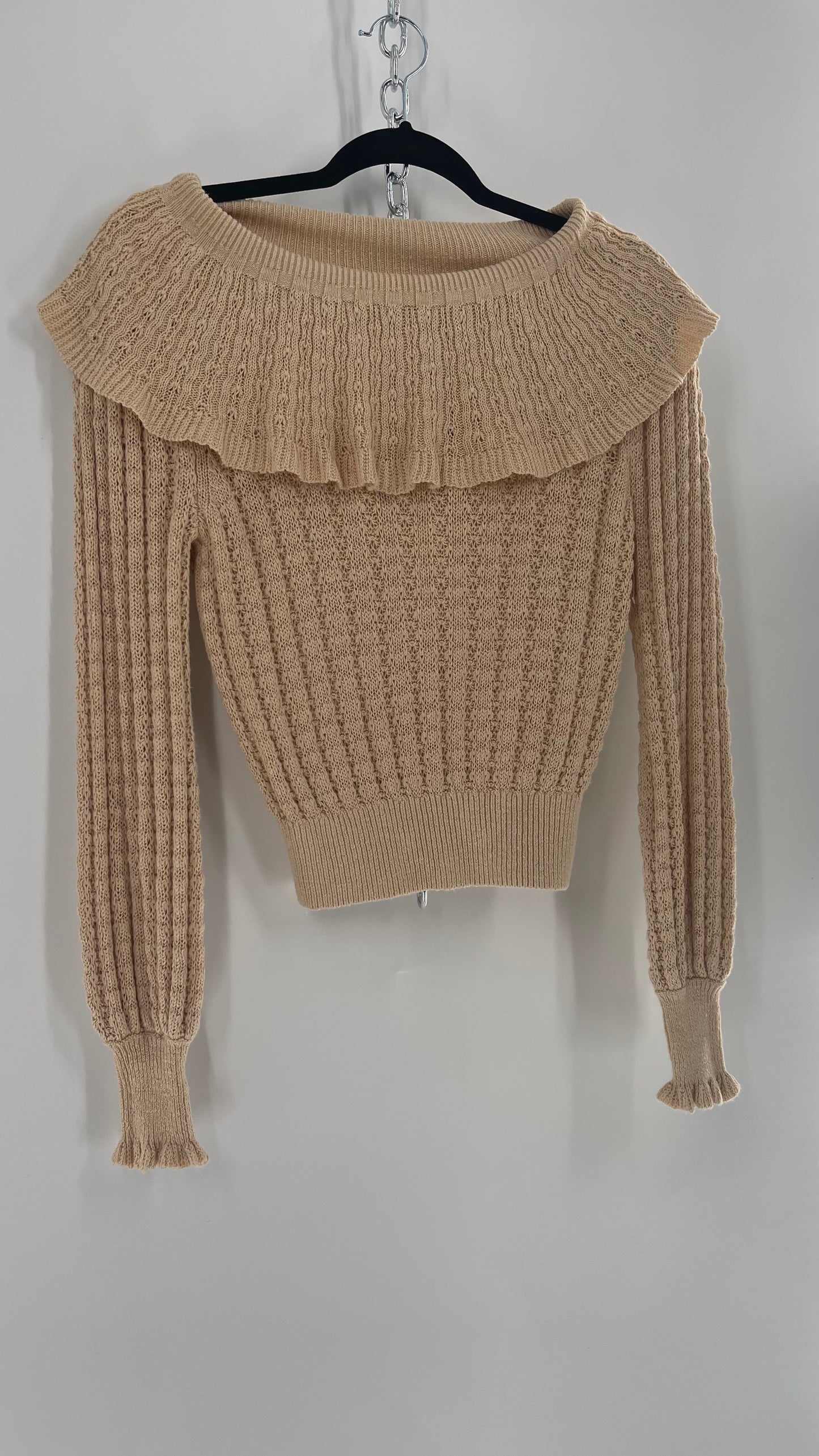Free People Baby Yellow Knit Ruffled Off the Shoulder Sweater (Small)