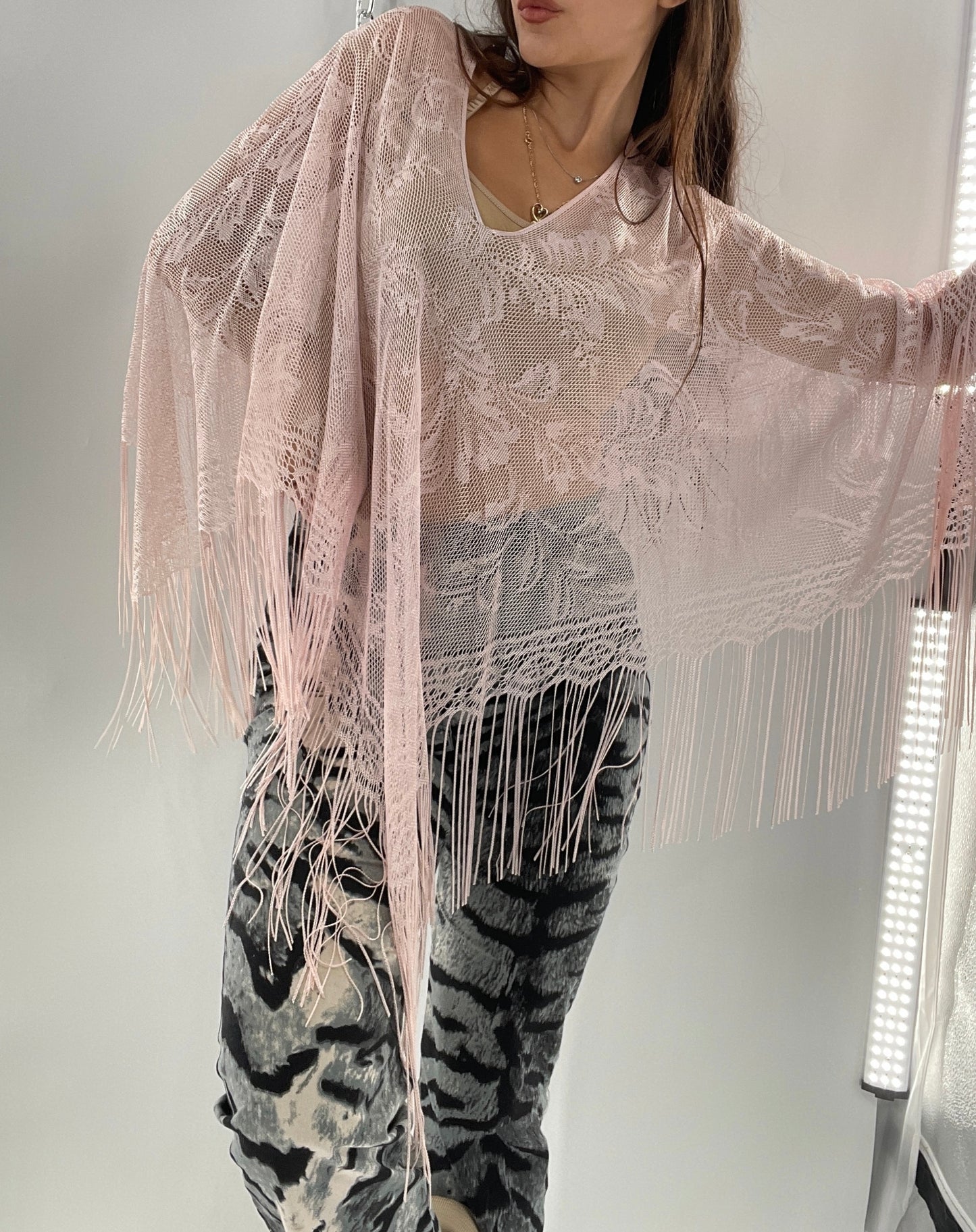 Vintage Pink Fringe Poncho (One Size)