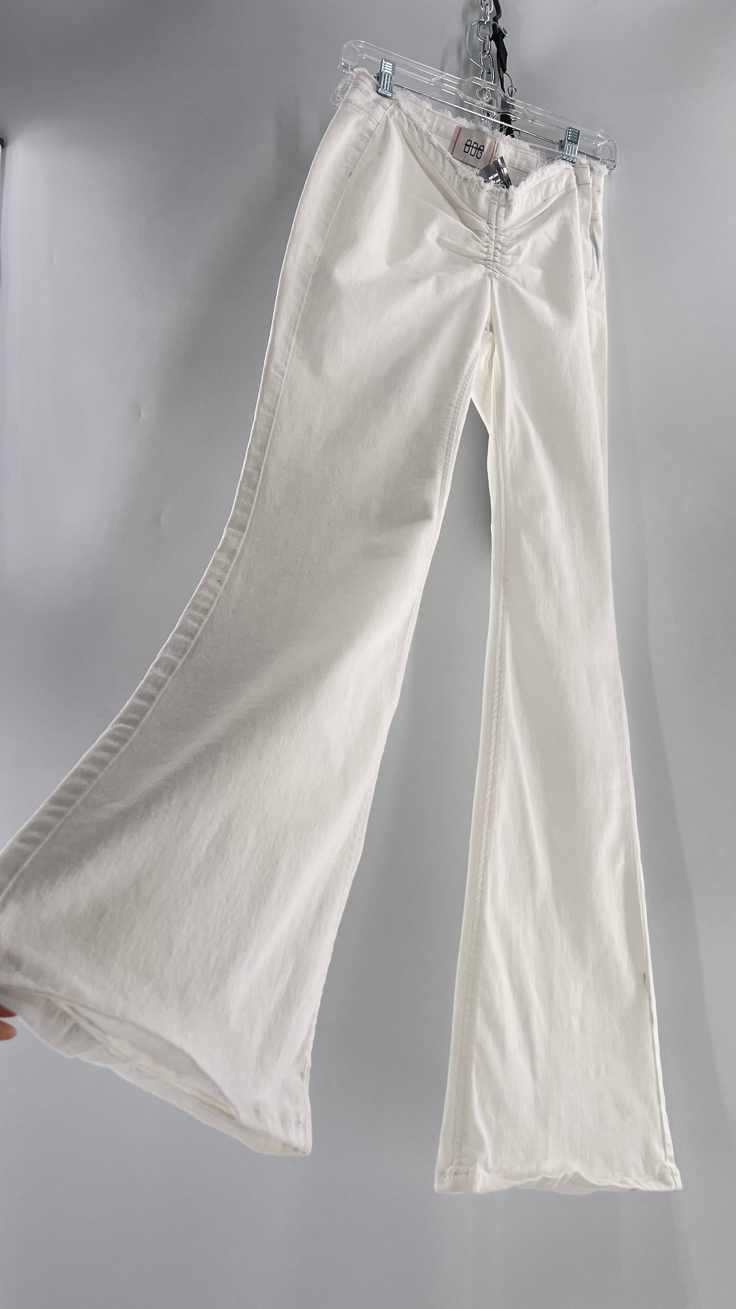 BDG White Frayed Waistline Scrunch Front Bell Bottoms (27)