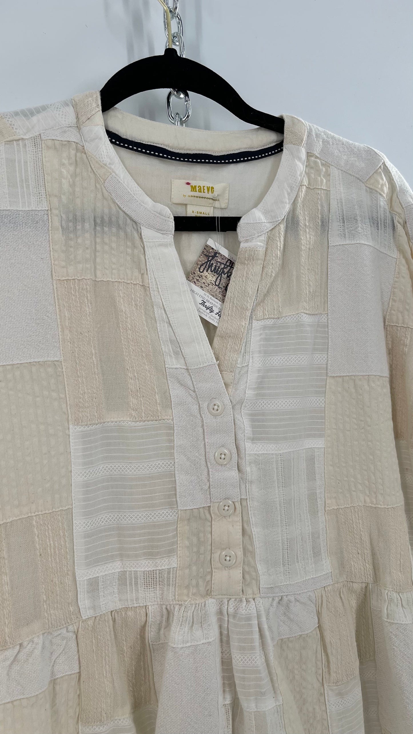 Maeve Anthropologie Beige Patchwork Long Sleeve Top (XS)
