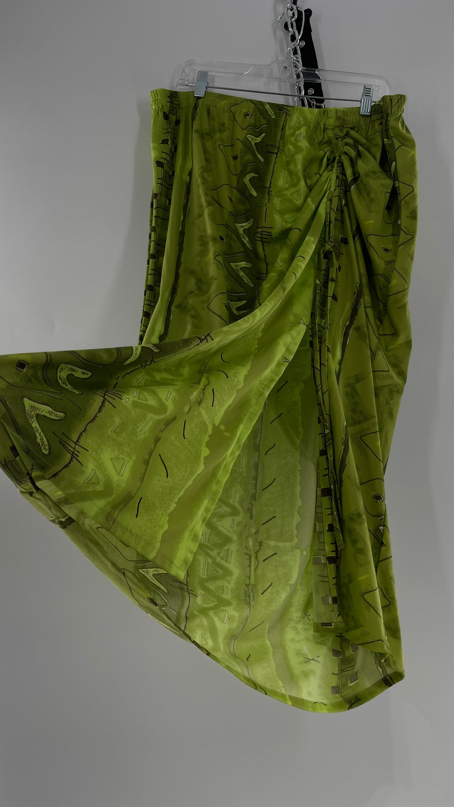 Vintage 90s Lime Green Patterned Ruche Side Slit Skirt (XXL)