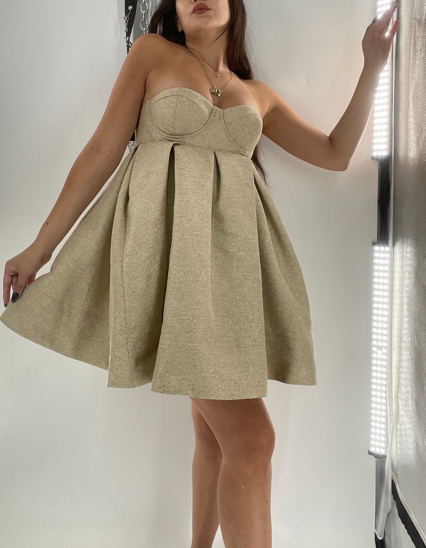 House of CB Gold Glitter Poof Mini Dress with Built in Corset (Small)
