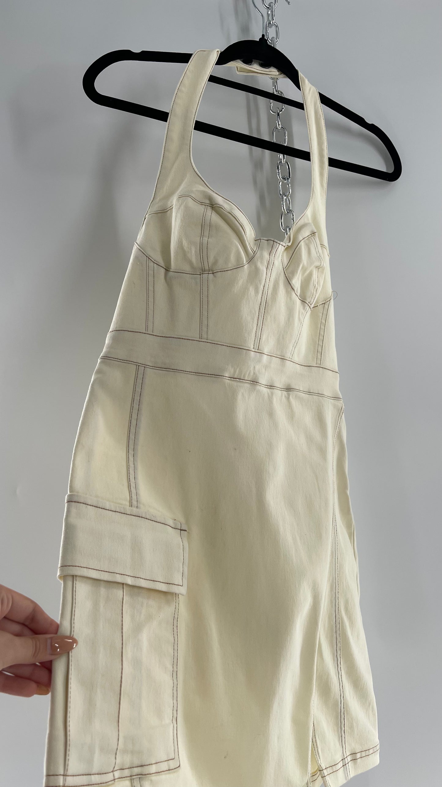 Urban Outfitters Beige Denim Halter Mini Dress (Medium)