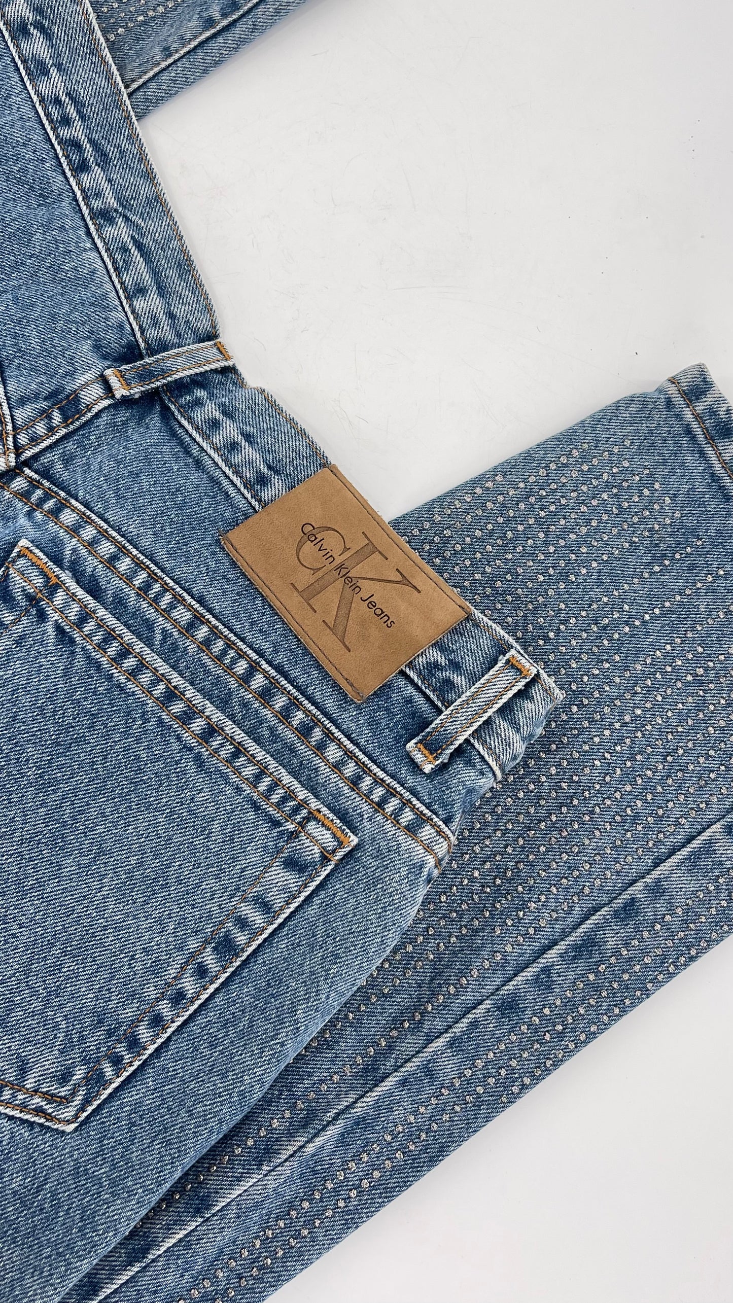 Vintage Calvin Klein Stone Washed Jeans with Silver Glitter Hem (29/30)