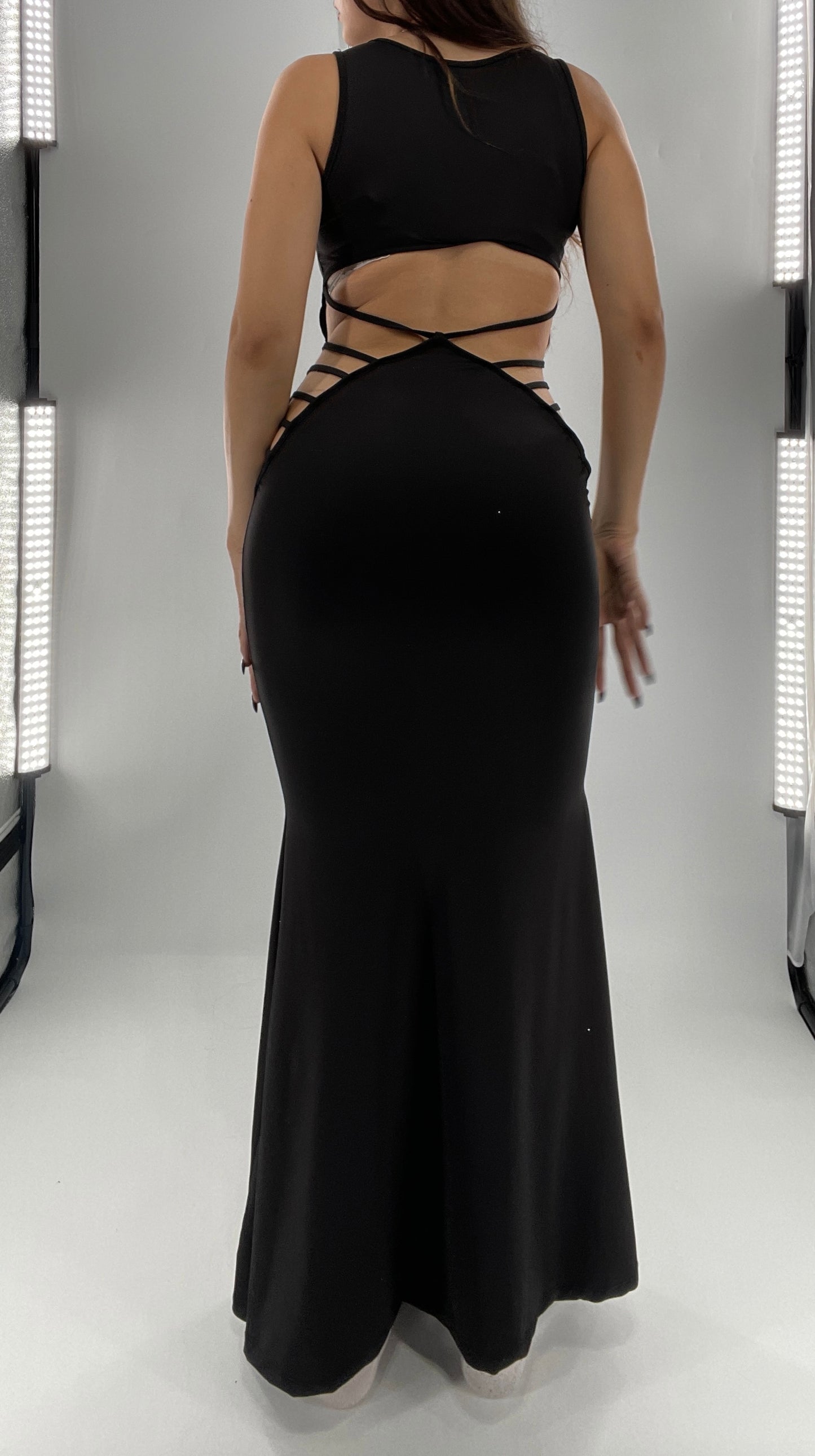 Vintage Black Slinky Maxi Dress with Open Back Strappy Side Detail (S)