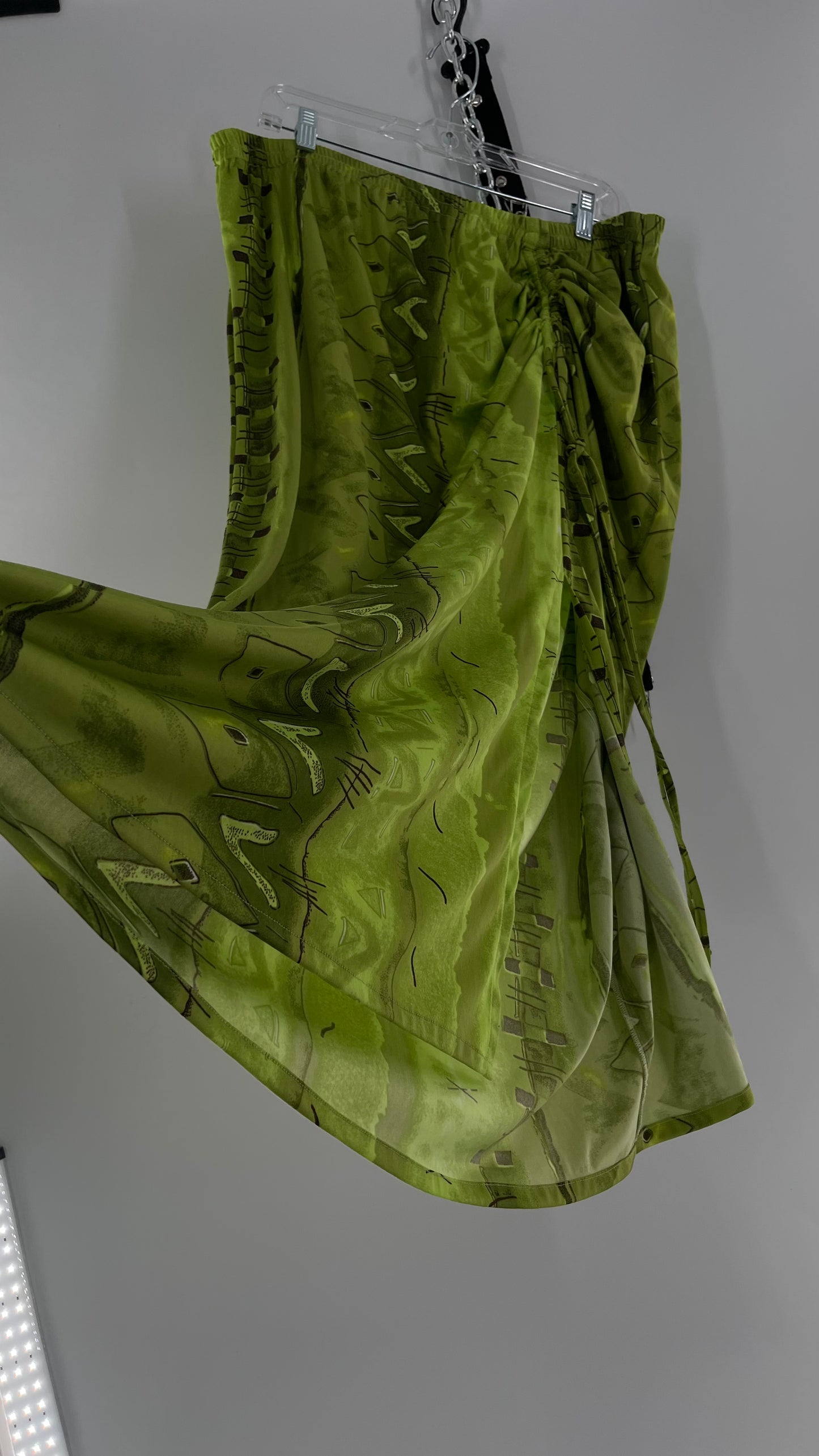 Vintage 90s Lime Green Patterned Ruche Side Slit Skirt (XXL)