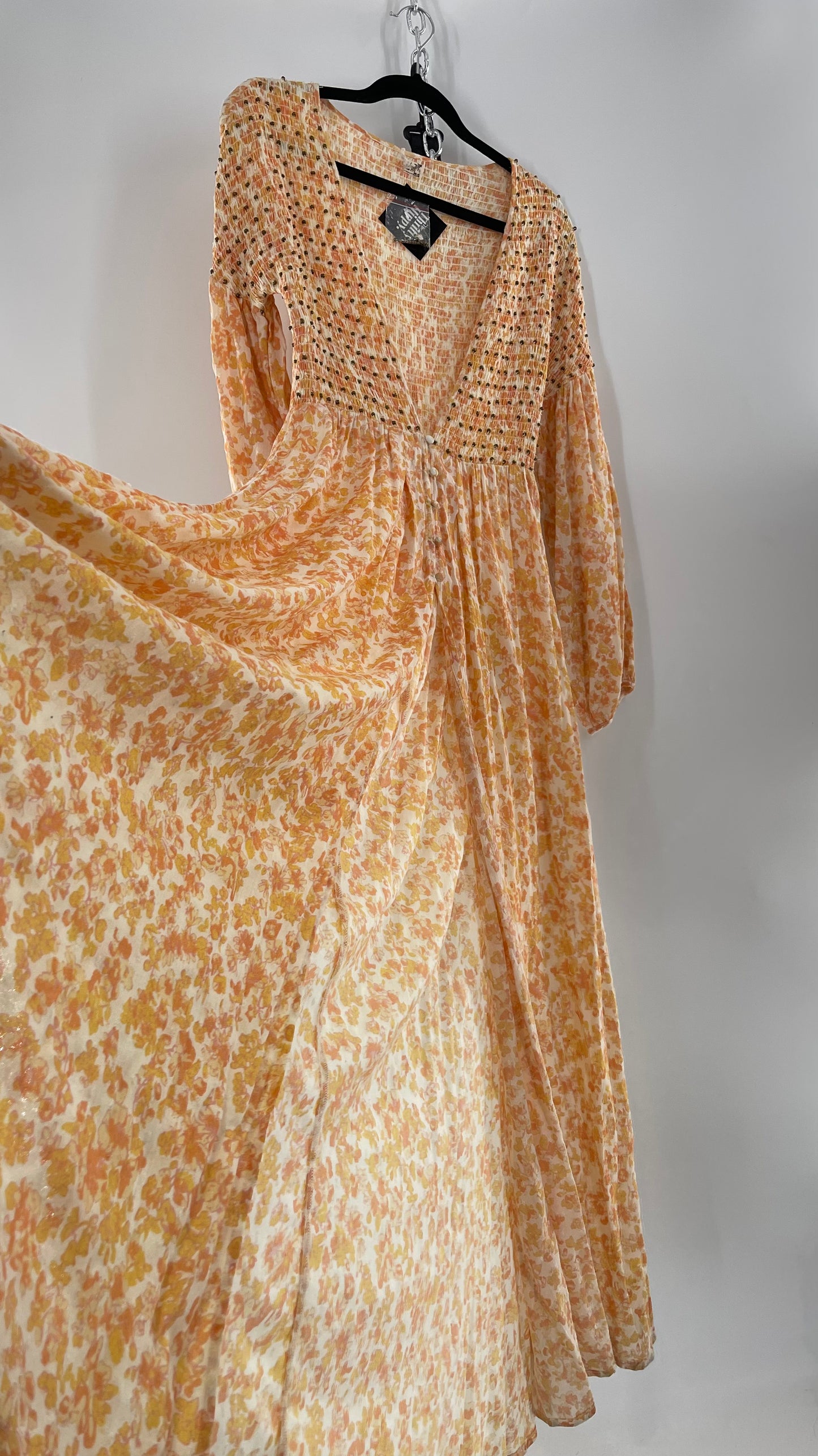 Intimately Free People Orange Floral Smocked Maxi Dress (XS)
