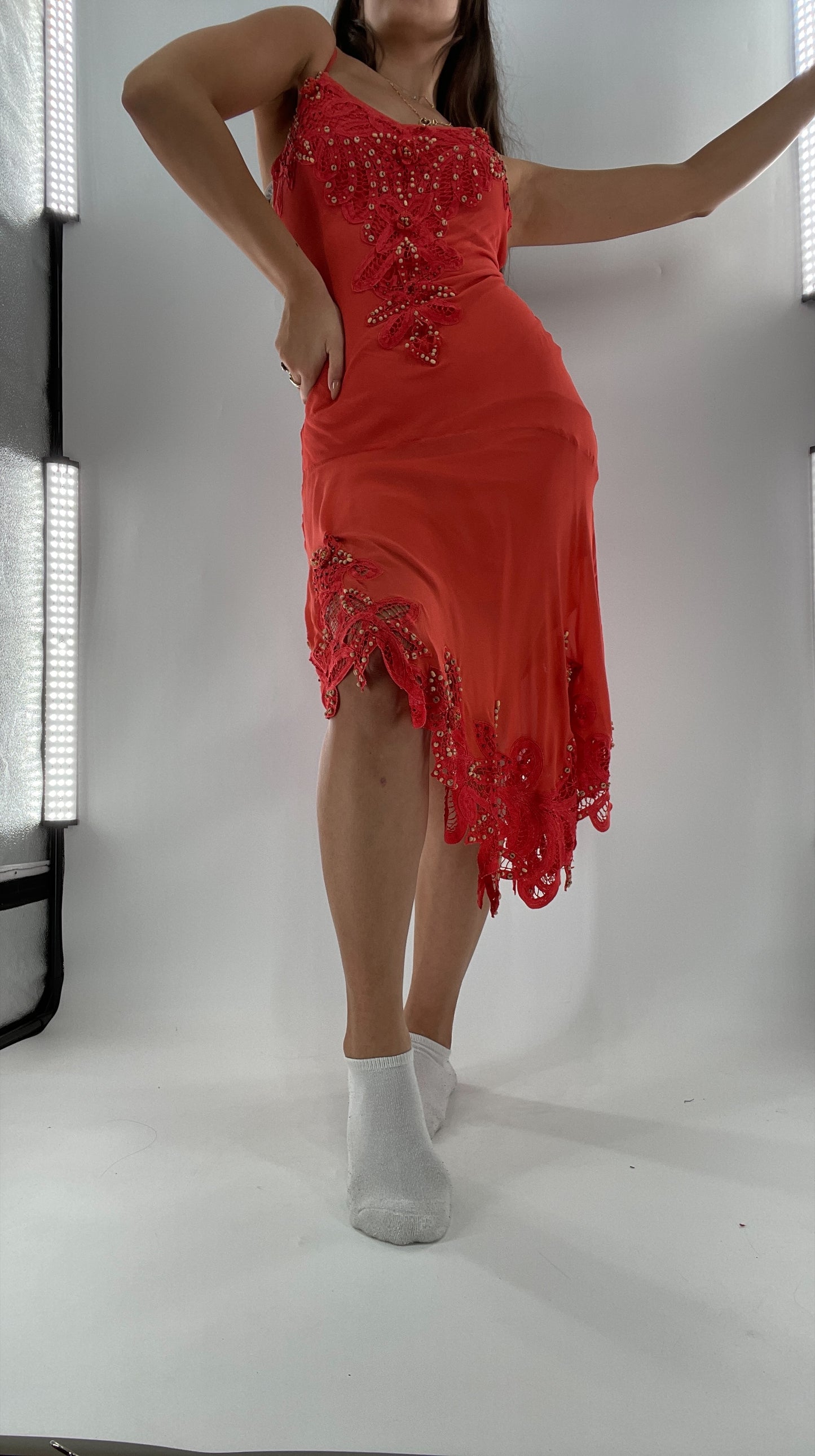 1990s Vintage Cache Coral Appliqué Tropical Beaded Slip (2)