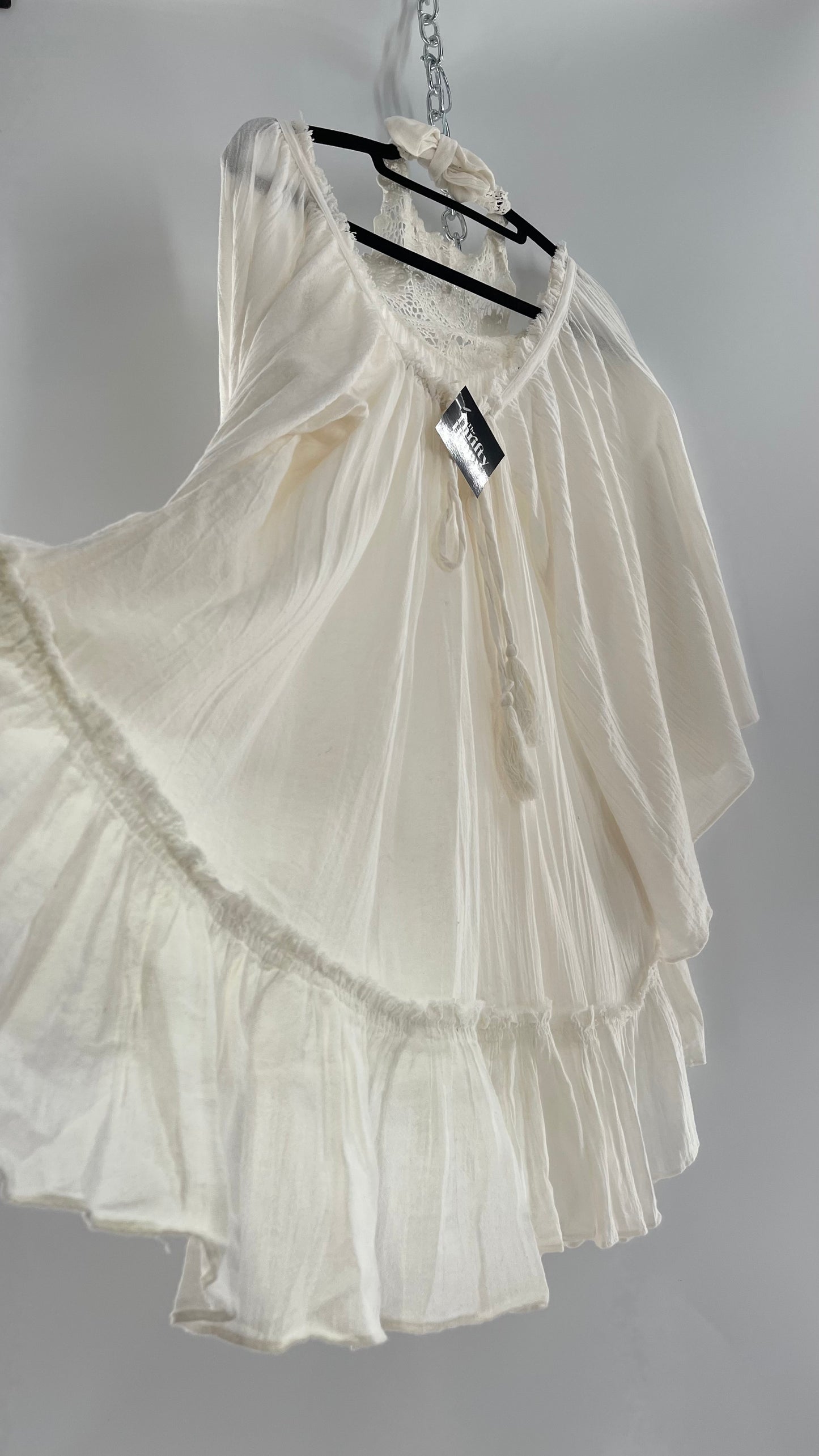 Free People Flowy Gauze/Cotton Free Flow Dress with Lace Halter (Small)