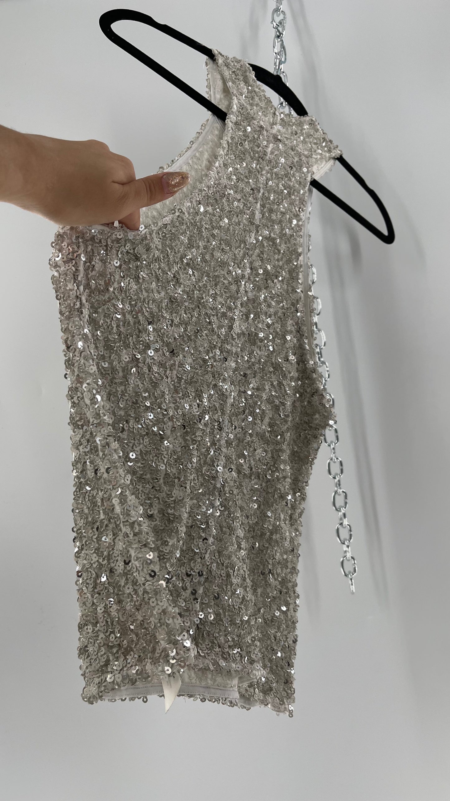 Free People White/Silver Sequin High Neck Tank(Large)